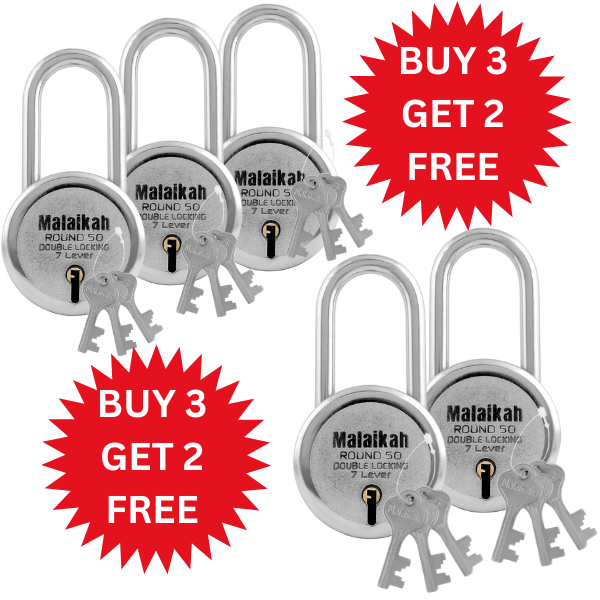 Malaikah Buy 3 Get 2 Free 50mm Long Shackle Lock & Key Padlock Made in Aligarh India | Heavy Duty Double Locking 7 Lever Security Lock | Eack Lock with 3 Keys | Durable Iron Body for Home, Office, Gate & Shutter Protection Malaikah Buy 3 Get 2 Free 50mm Long Shackle Lock & Key Padlock Made in Aligarh India | Heavy Duty Double Locking 7 Lever Security Lock | Eack Lock with 3 Keys | Durable Iron Body for Home, Office, Gate & Shutter Protection