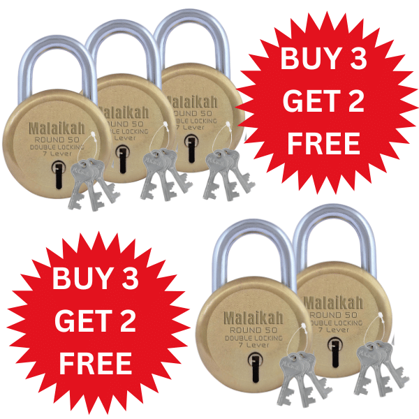 Malaikah Buy 3 Get 2 Free Gold Round 50mm Lock & Key Padlock Made in Aligarh India | Heavy Duty Double Locking 7 Lever Security Lock | Eack Lock with 3 Keys | Durable Iron Body for Home, Office, Gate & Shutter Protection Malaikah Buy 3 Get 2 Free Gold Round 50mm Lock & Key Padlock Made in Aligarh India | Heavy Duty Double Locking 7 Lever Security Lock | Eack Lock with 3 Keys | Durable Iron Body for Home, Office, Gate & Shutter Protection