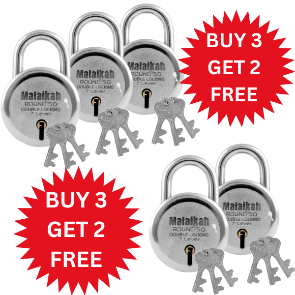 Malaikah Buy 3 Get 2 Free Round 50mm Chrome Plating Lock & Key Padlock Made in Aligarh India | Heavy Duty Double Locking 7 Lever Security Lock | Eack Lock with 3 Keys | Durable Iron Body for Home, Office, Gate & Shutter Protection     			Malaikah Buy 3 Get 2 Free Round 50mm Chrome Plating Lock & Key Padlock Made in Aligarh India | Heavy Duty Double Locking 7 Lever Security Lock | Eack Lock with 3 Keys | Durable Iron Body for Home, Office, Gate & Shutter Protection