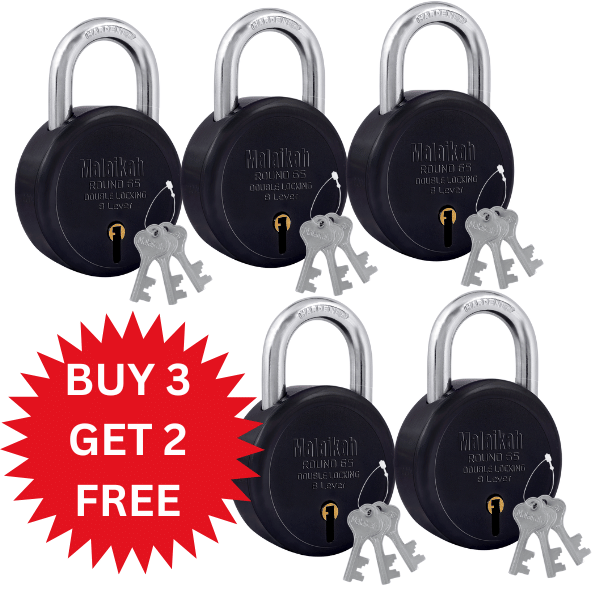     			Malaikah Buy 3 Get 2 Free Black Round 65mm Lock & Key Padlock Made in Aligarh India | Heavy Duty Double Locking 8 Lever Security Lock | Eack Lock with 3 Keys | Durable Iron Body for Home, Office, Gate & Shutter Protection