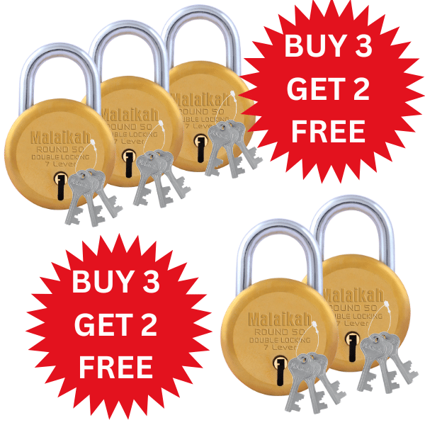 Malaikah Buy 3 Get 2 Free Dark Gold Round 50mm Lock & Key Padlock Made in Aligarh India | Heavy Duty Double Locking 7 Lever Security Lock | Eack Lock with 3 Keys | Durable Iron Body for Home, Office, Gate & Shutter Protection Malaikah Buy 3 Get 2 Free Dark Gold Round 50mm Lock & Key Padlock Made in Aligarh India | Heavy Duty Double Locking 7 Lever Security Lock | Eack Lock with 3 Keys | Durable Iron Body for Home, Office, Gate & Shutter Protection