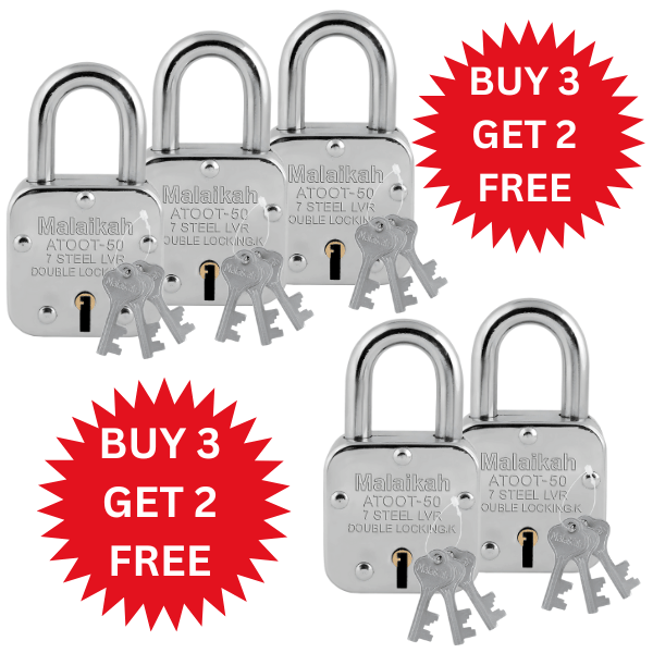 Malaikah Buy 3 Get 2 Free Atoot 50mm Lock & Key Padlock Made in Aligarh India | Heavy Duty Double Locking 7 Lever Security Lock | Eack Lock with 3 Keys | Durable Iron Body for Home, Office, Gate & Shutter Protection Malaikah Buy 3 Get 2 Free Atoot 50mm Lock & Key Padlock Made in Aligarh India | Heavy Duty Double Locking 7 Lever Security Lock | Eack Lock with 3 Keys | Durable Iron Body for Home, Office, Gate & Shutter Protection