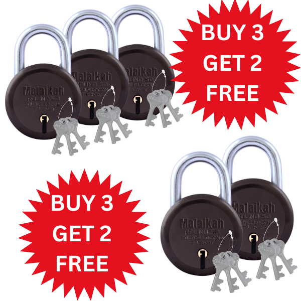 Malaikah Buy 3 Get 2 Free Brown Round 50mm Lock & Key Padlock Made in Aligarh India | Heavy Duty Double Locking 7 Lever Security Lock | Eack Lock with 3 Keys | Durable Iron Body for Home, Office, Gate & Shutter Protection Malaikah Buy 3 Get 2 Free Brown Round 50mm Lock & Key Padlock Made in Aligarh India | Heavy Duty Double Locking 7 Lever Security Lock | Eack Lock with 3 Keys | Durable Iron Body for Home, Office, Gate & Shutter Protection