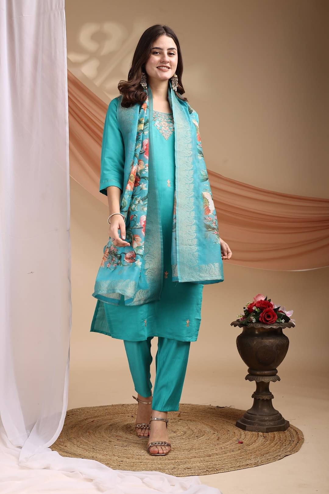     			OMICRON FAB Women Chanderi Embroidered Straight Kurti With Pants ( Blue )