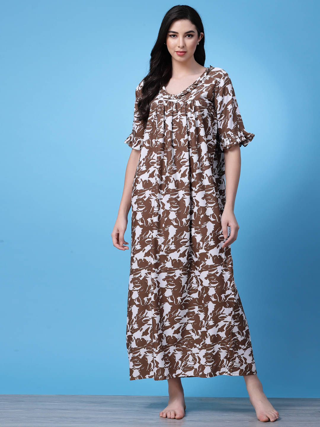     			Oomph! Cotton Blend Printed Women Regular Nighty ( Brown )