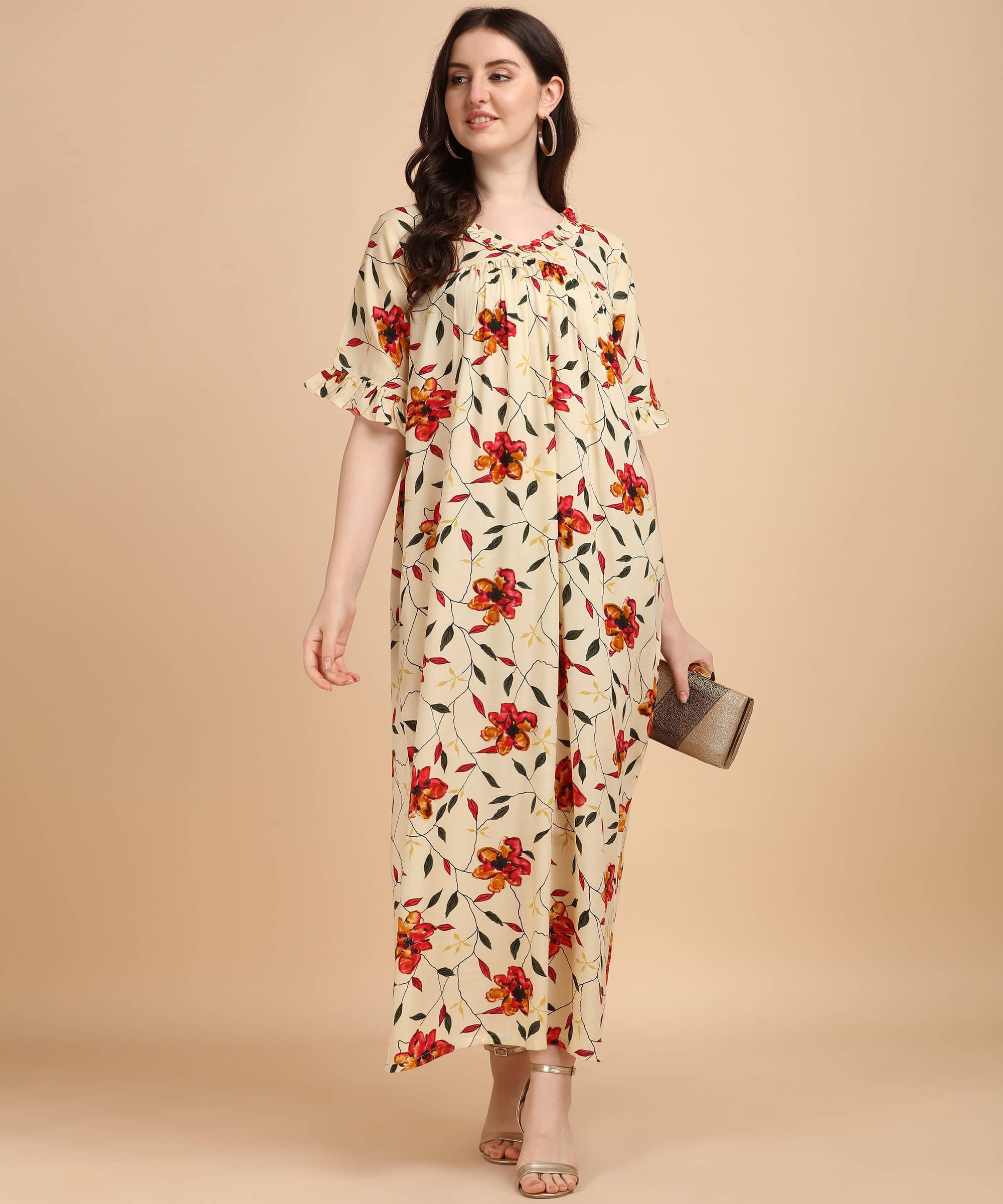     			Oomph! Rayon Printed Women Regular Nighty ( Beige )