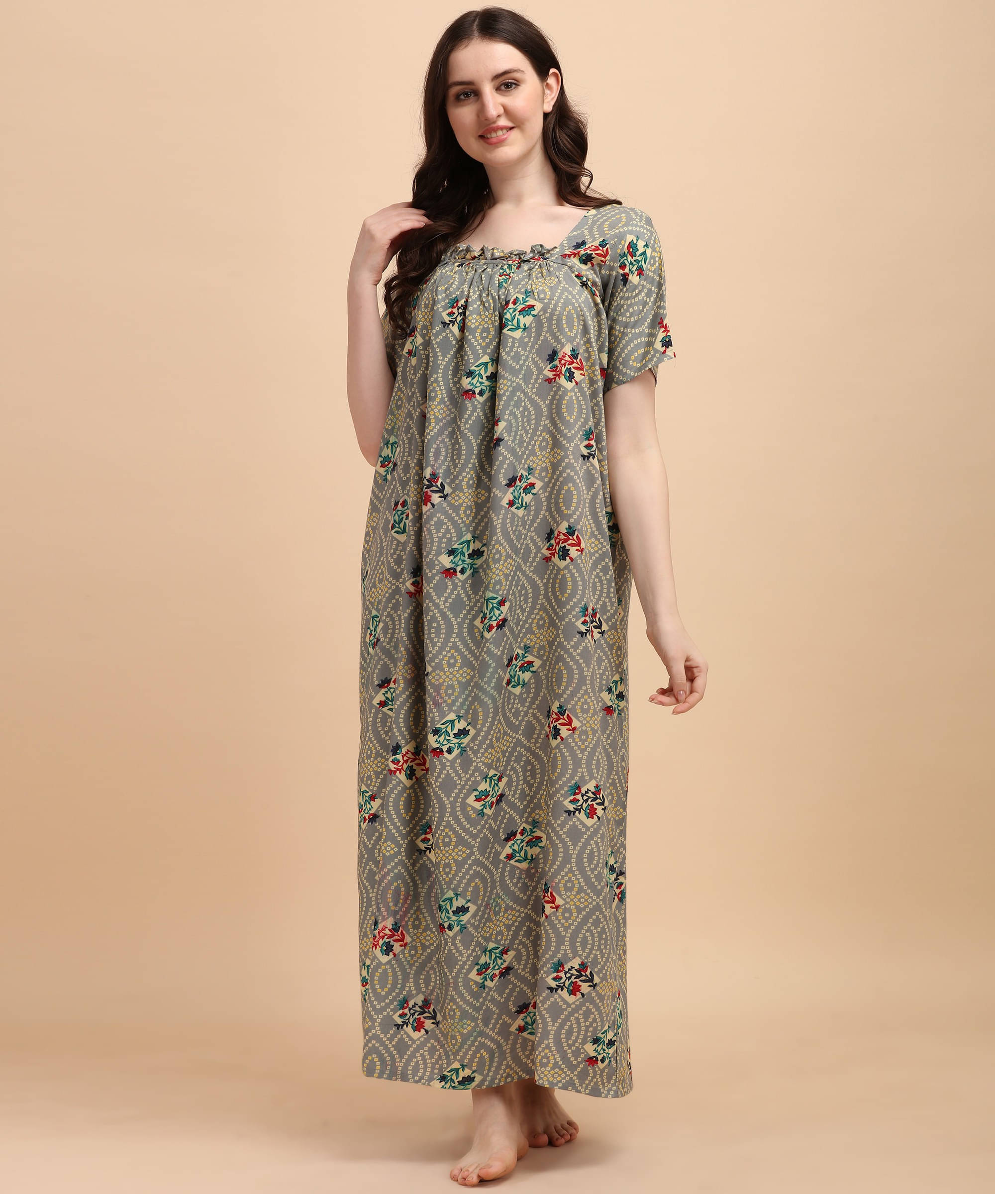 Oomph! Rayon Printed Women Regular Nighty ( Grey ) Oomph! Rayon Printed Women Regular Nighty ( Grey )