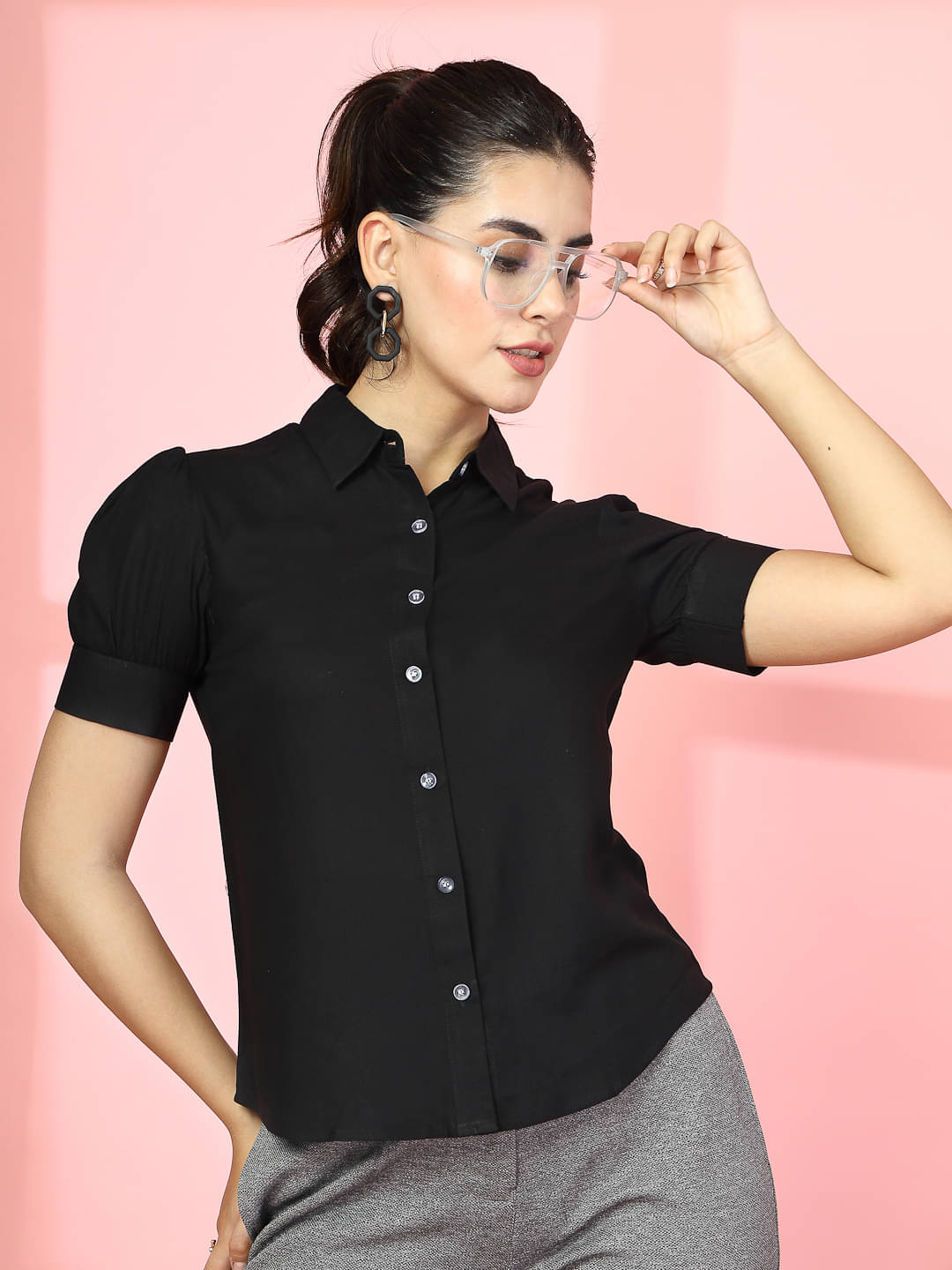 Oomph! Women Solid Cotton Blend Shirt ( Black ) Oomph! Women Solid Cotton Blend Shirt ( Black )