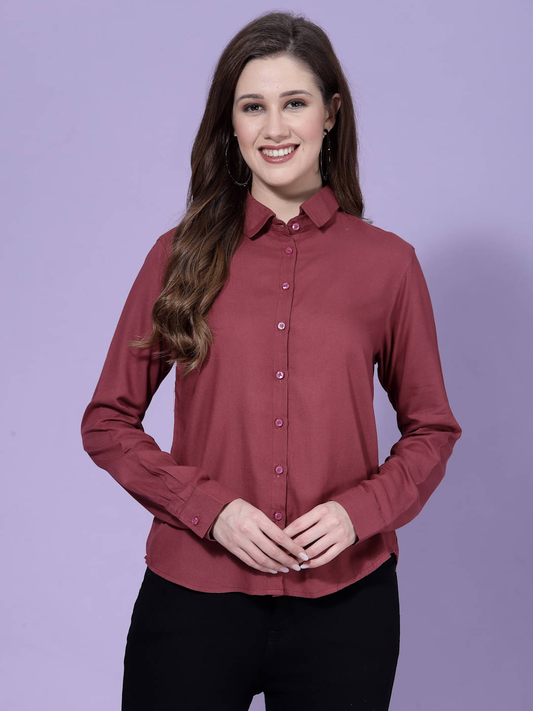     			Oomph! Women Solid Cotton Blend Shirt ( Purple )