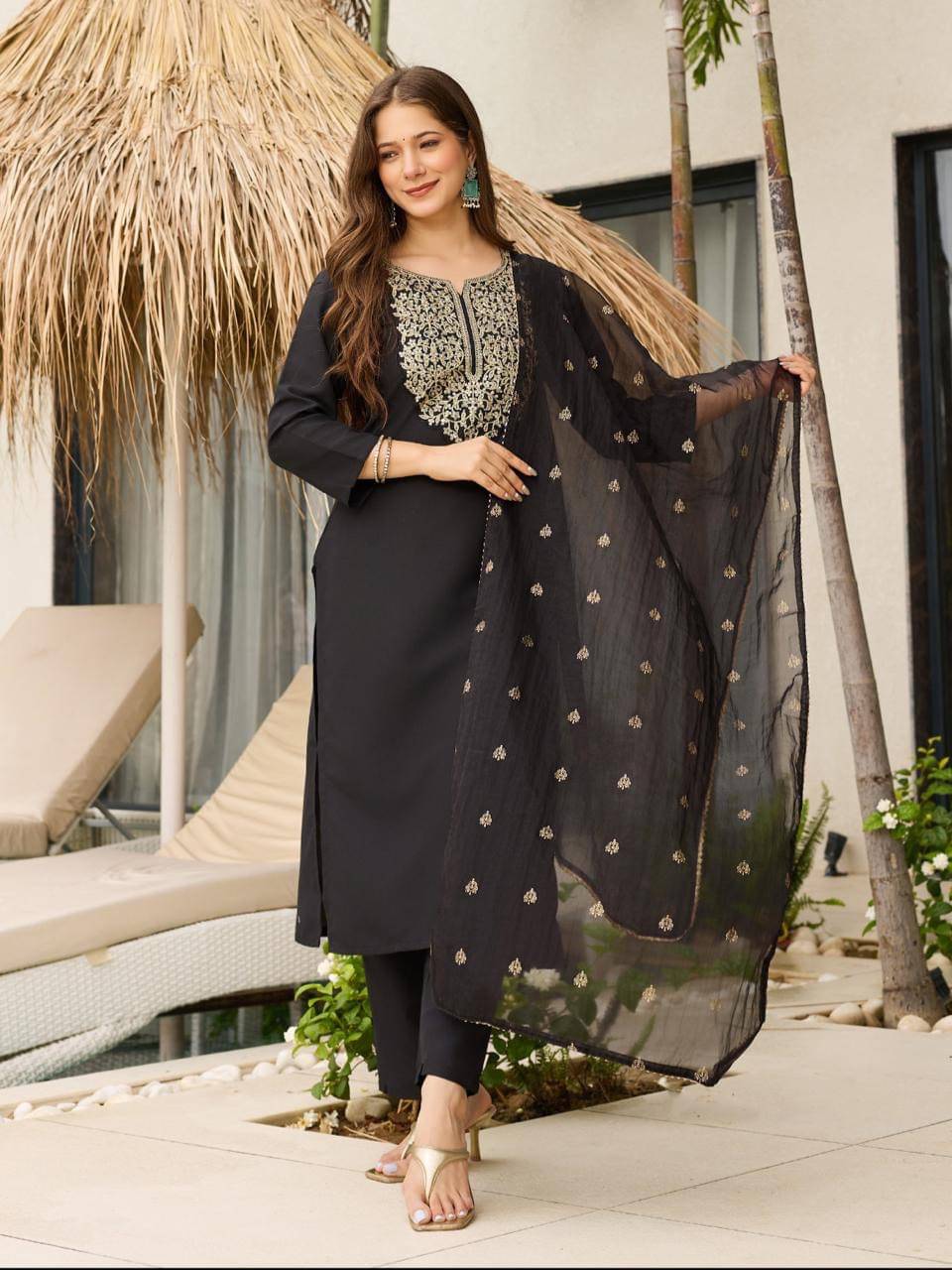 RADHA RANI TEX Women Viscose Embroidered A-line Dress ( Black ) RADHA RANI TEX Women Viscose Embroidered A-line Dress ( Black )