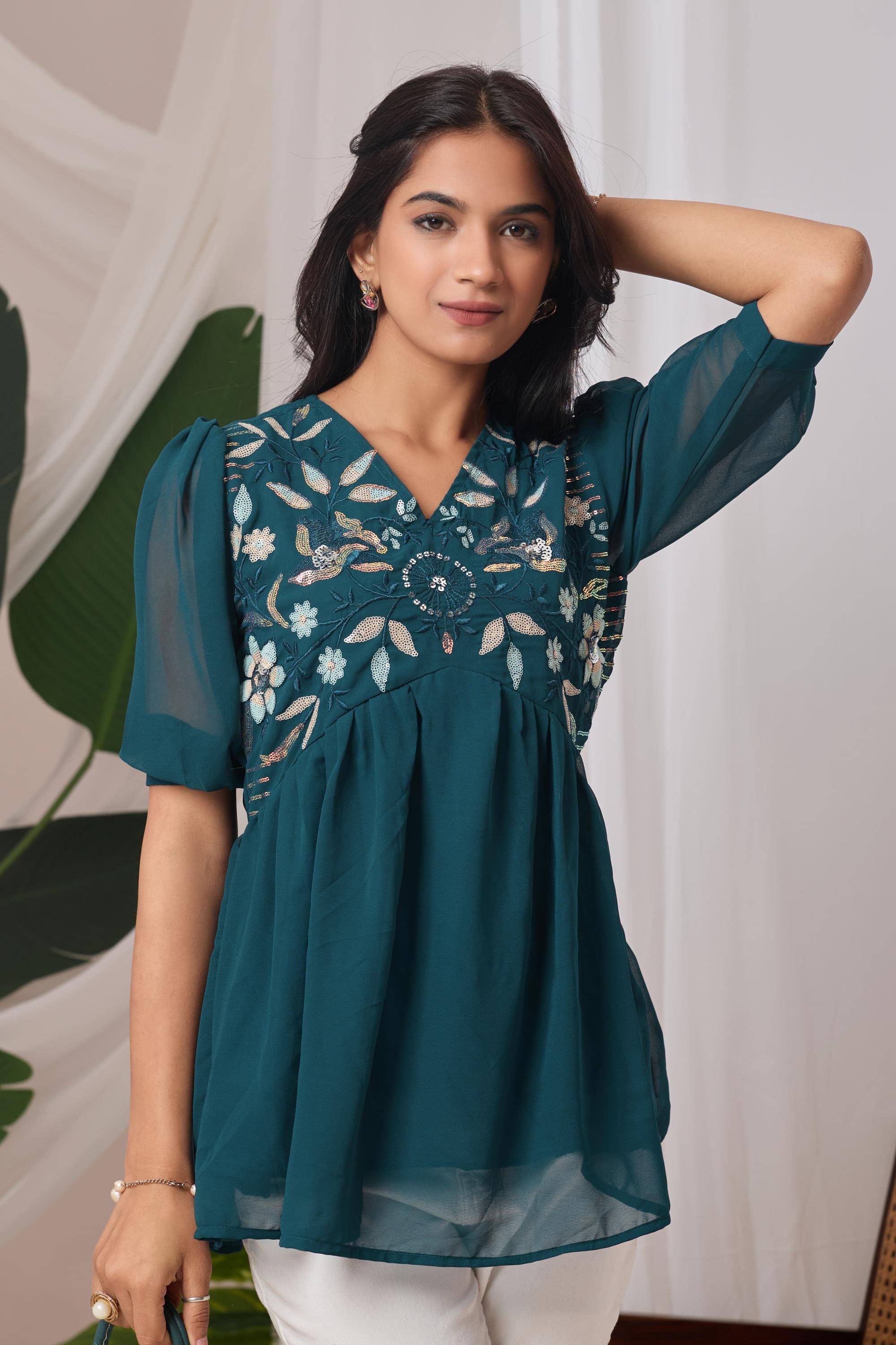 Shcon Women's Georgette Tunic ( Teal ) Shcon Women's Georgette Tunic ( Teal )