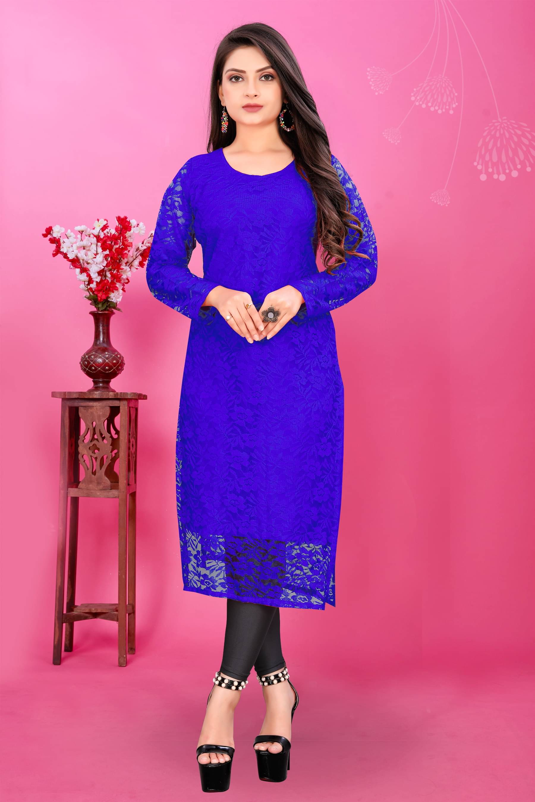 Shree Guru Fashion Women Net Solid Straight Kurti ( Blue )     			Shree Guru Fashion Women Net Solid Straight Kurti ( Blue )