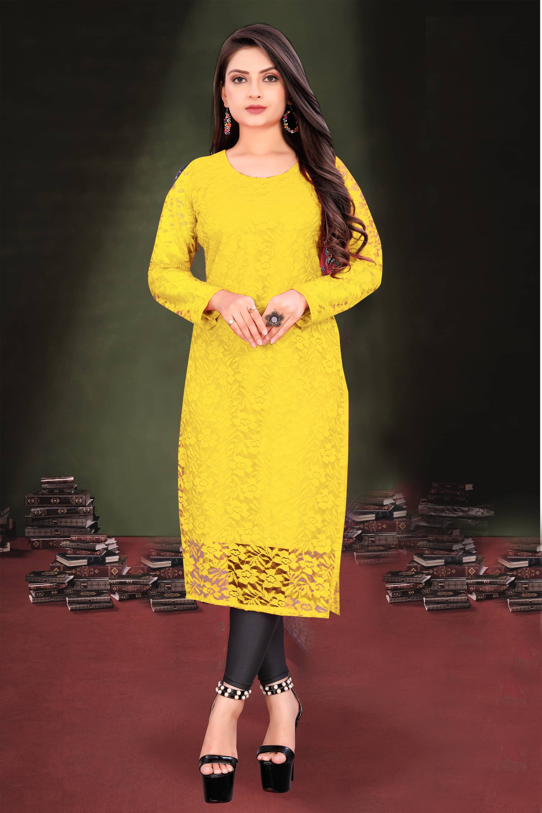 Shree Guru Fashion Women Net Solid Straight Kurti ( Yellow ) Shree Guru Fashion Women Net Solid Straight Kurti ( Yellow )
