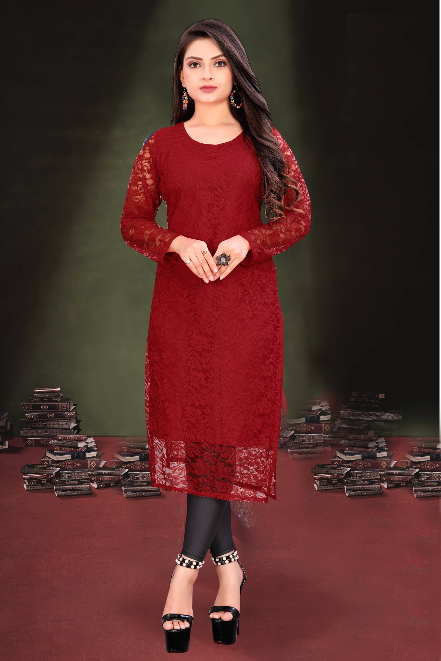 Shree Guru Fashion Women Net Solid Straight Kurti ( Maroon ) Shree Guru Fashion Women Net Solid Straight Kurti ( Maroon )
