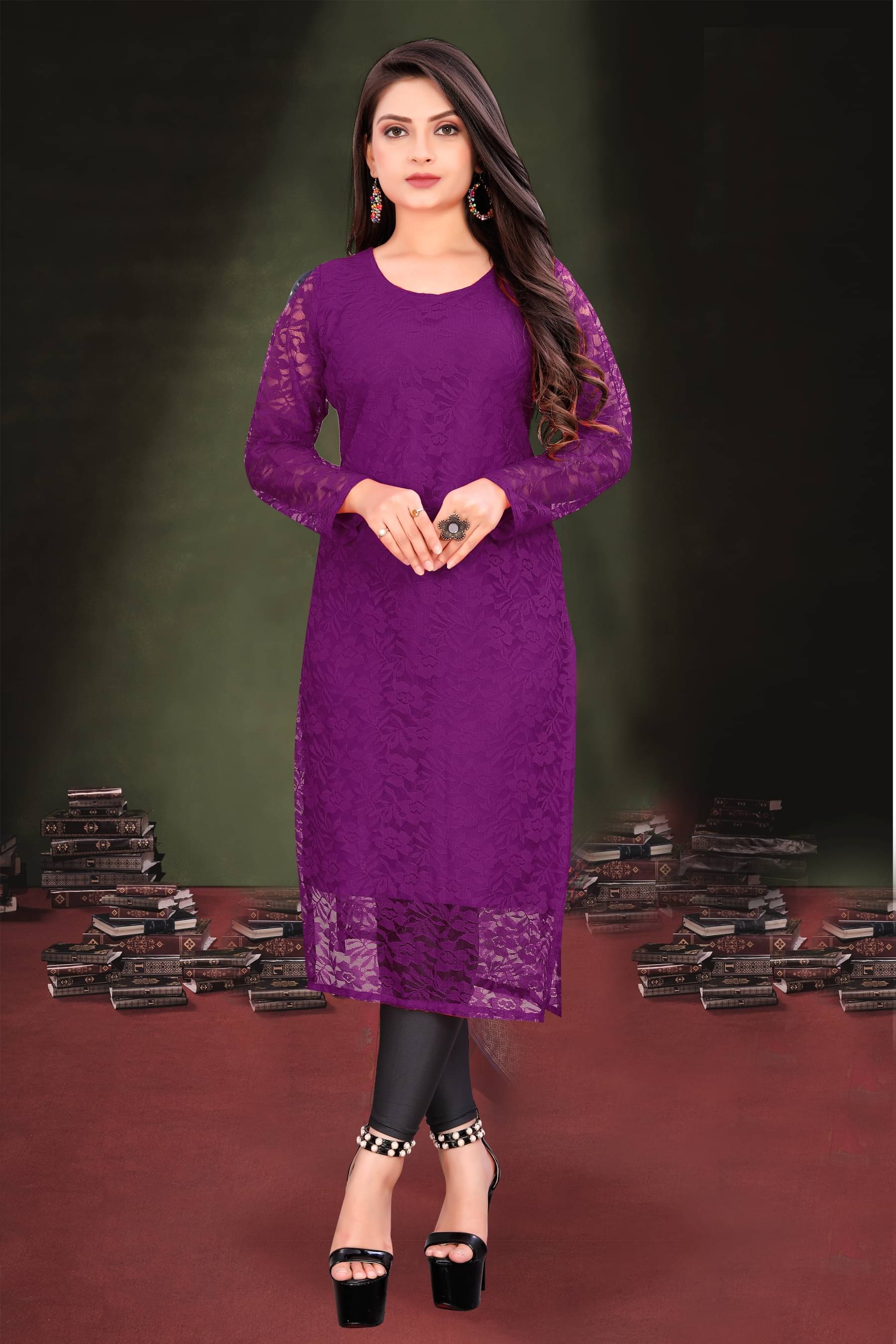 Shree Guru Fashion Women Net Solid Straight Kurti ( Wine ) Shree Guru Fashion Women Net Solid Straight Kurti ( Wine )