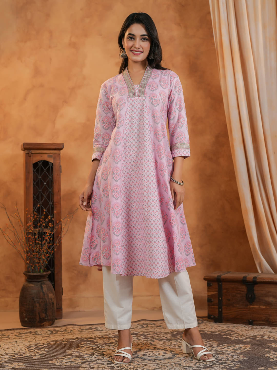     			Span Women Cotton Printed A-Line Kurti With Pants ( Pink )