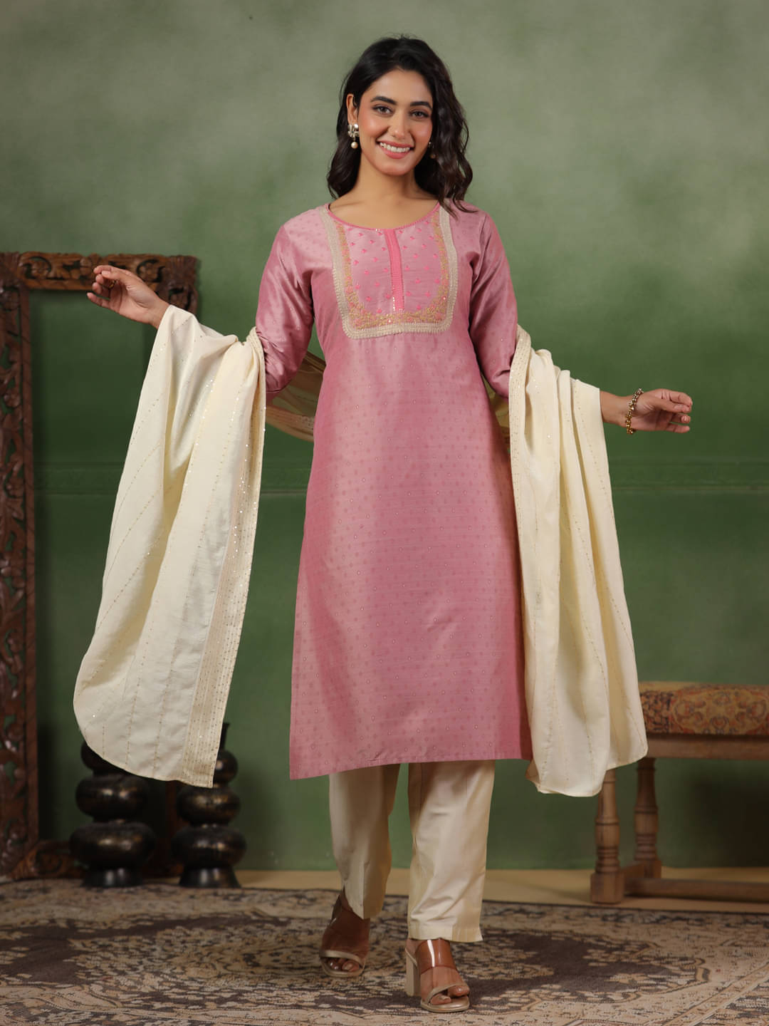     			Span Women Silk Printed Straight Kurti With Pants ( Pink )