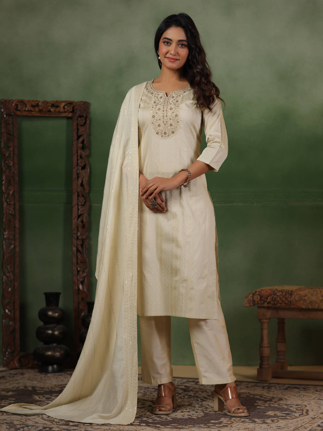 Span Women Silk Solid Straight Kurti With Pants ( White ) Span Women Silk Solid Straight Kurti With Pants ( White )