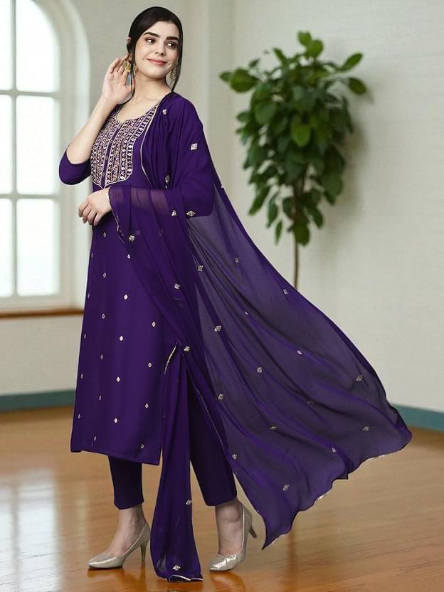     			TEXPA FASHION Women Rayon Embroidered A-line Kurti With Pants ( Purple )