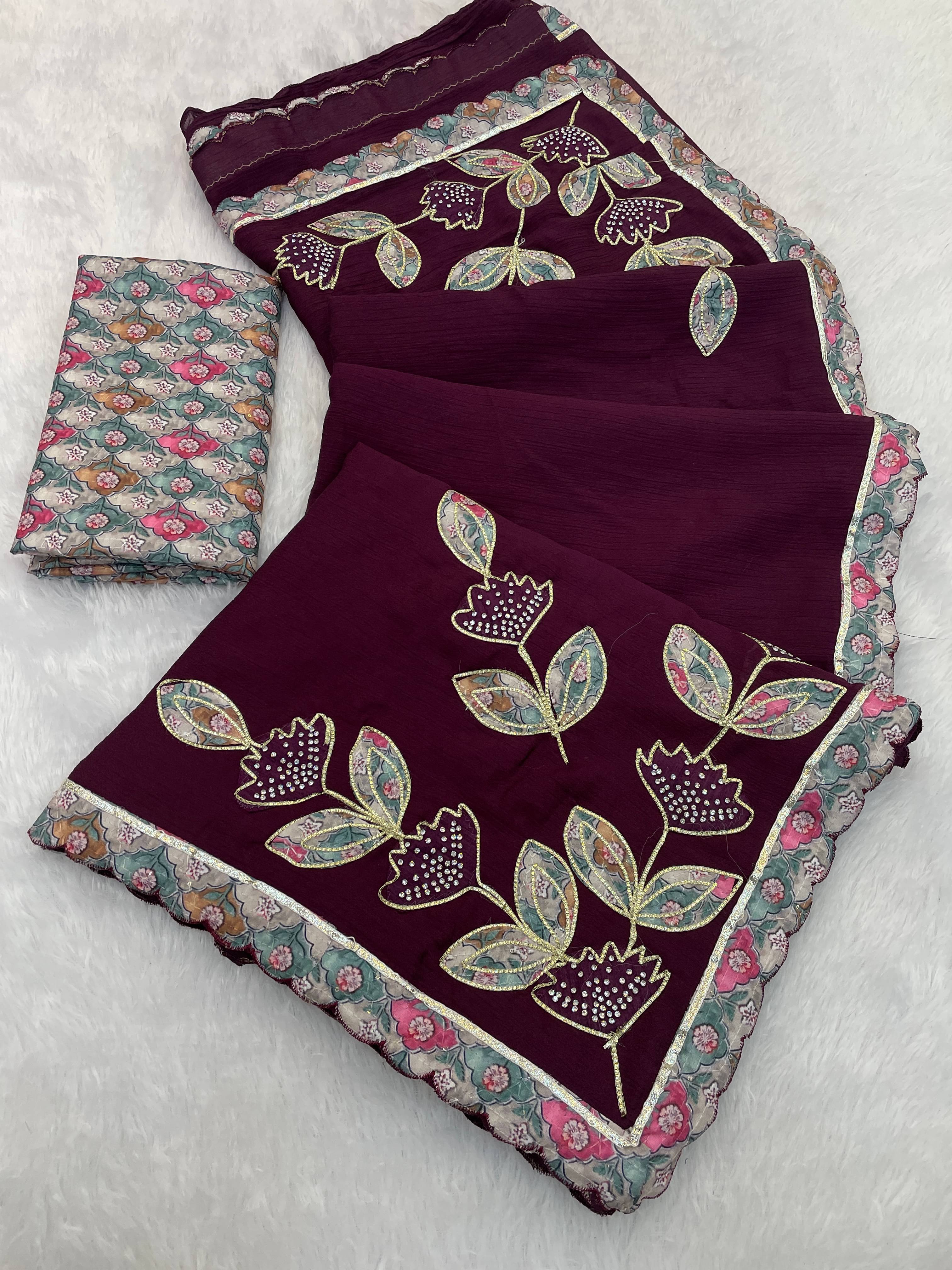 THE STYLE CLUB Chiffon Embroidered Regular Saree With Unstitched Blouse Piece ( Wine ) THE STYLE CLUB Chiffon Embroidered Regular Saree With Unstitched Blouse Piece ( Wine )
