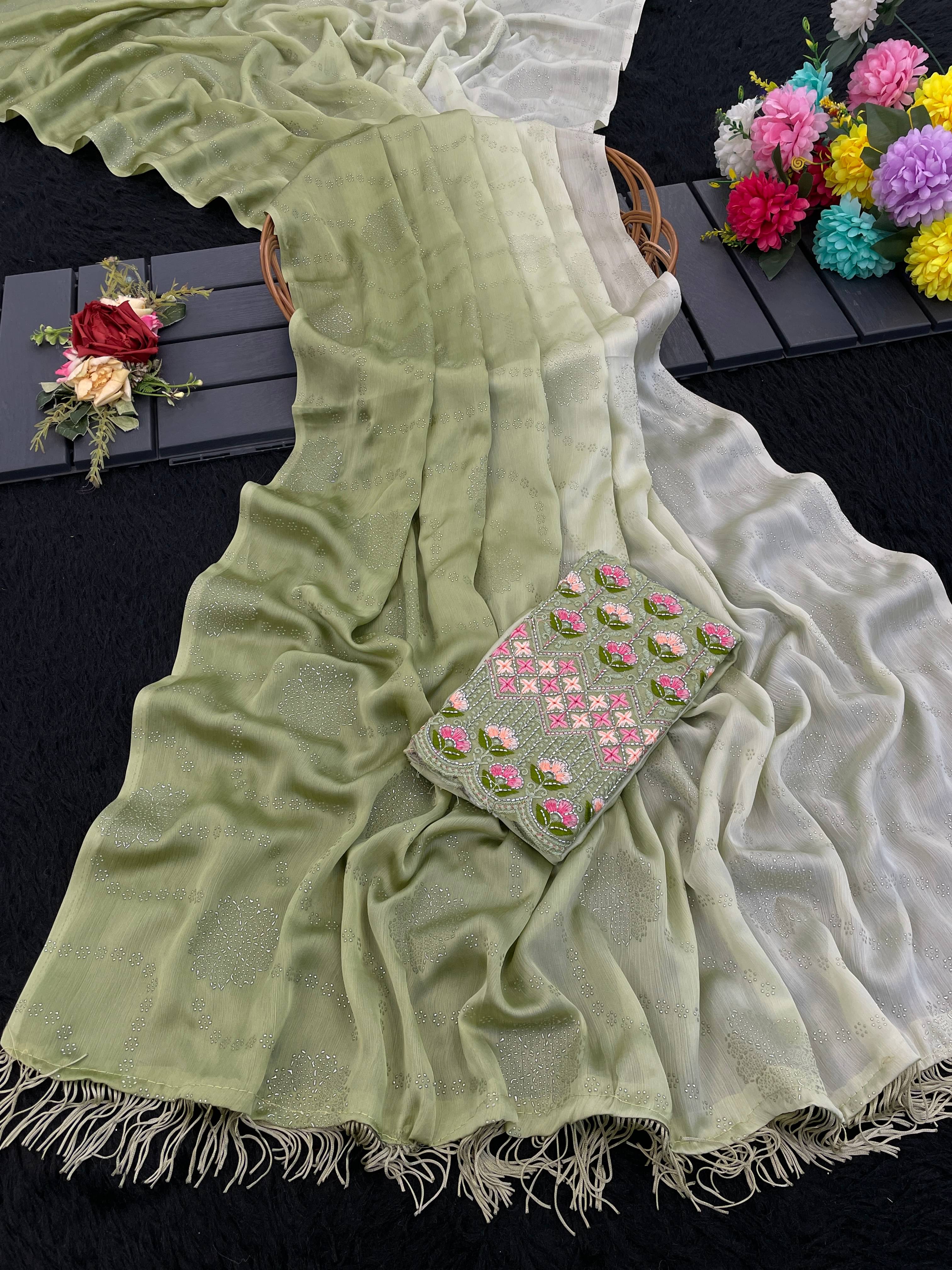 THE STYLE CLUB Chiffon Embroidered Regular Saree With Unstitched Blouse Piece ( Green ) THE STYLE CLUB Chiffon Embroidered Regular Saree With Unstitched Blouse Piece ( Green )