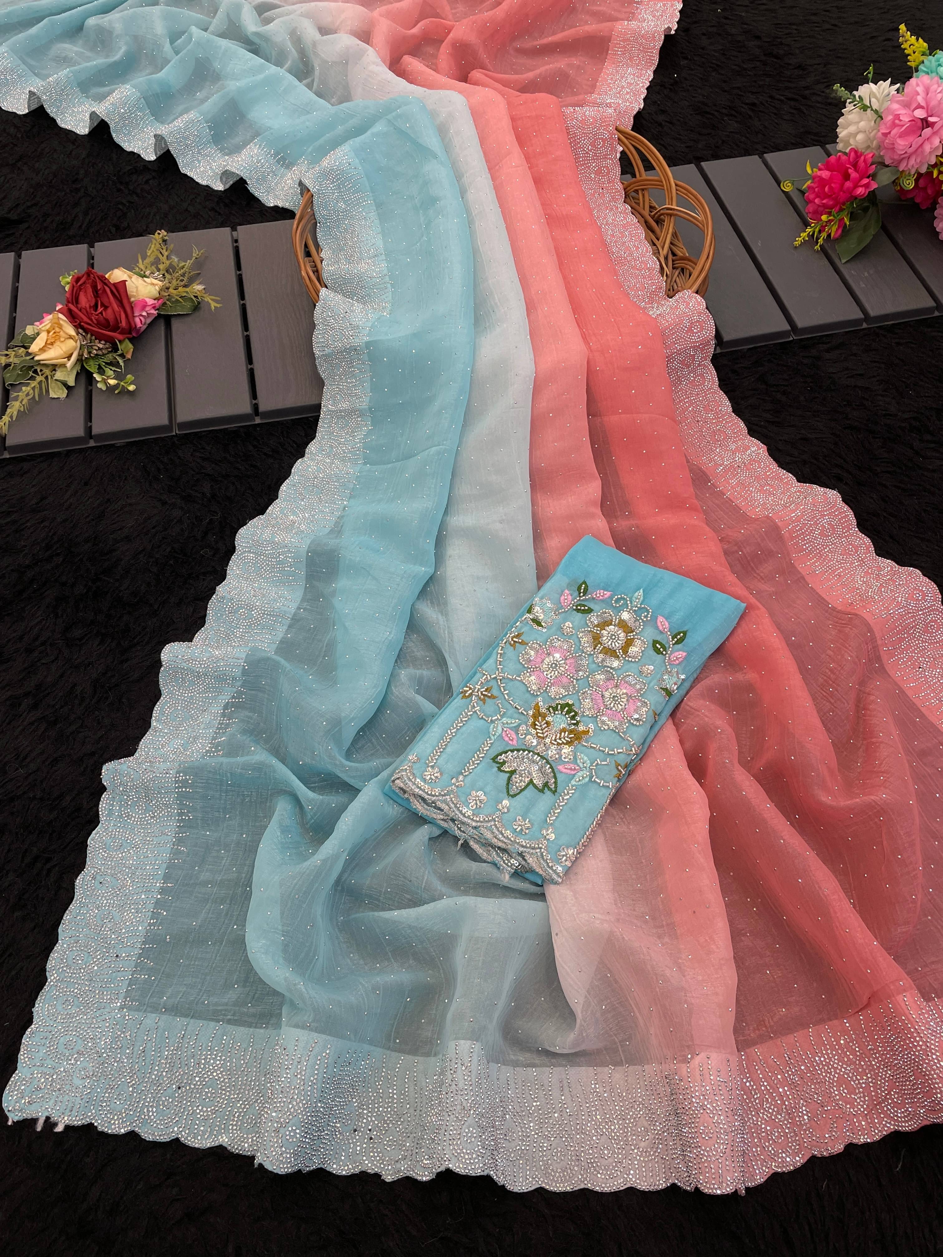 THE STYLE CLUB Chiffon Embroidered Regular Saree With Unstitched Blouse Piece ( Blue ) THE STYLE CLUB Chiffon Embroidered Regular Saree With Unstitched Blouse Piece ( Blue )