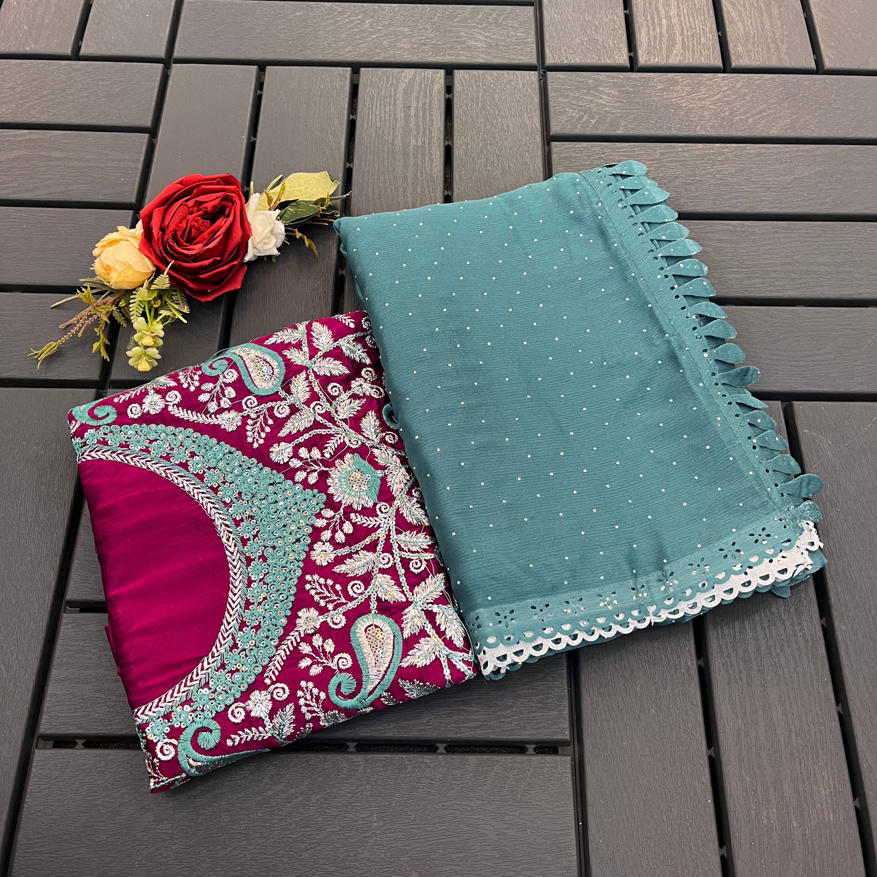 THE STYLE CLUB Chiffon Embroidered Regular Saree With Unstitched Blouse Piece ( Rama ) THE STYLE CLUB Chiffon Embroidered Regular Saree With Unstitched Blouse Piece ( Rama )