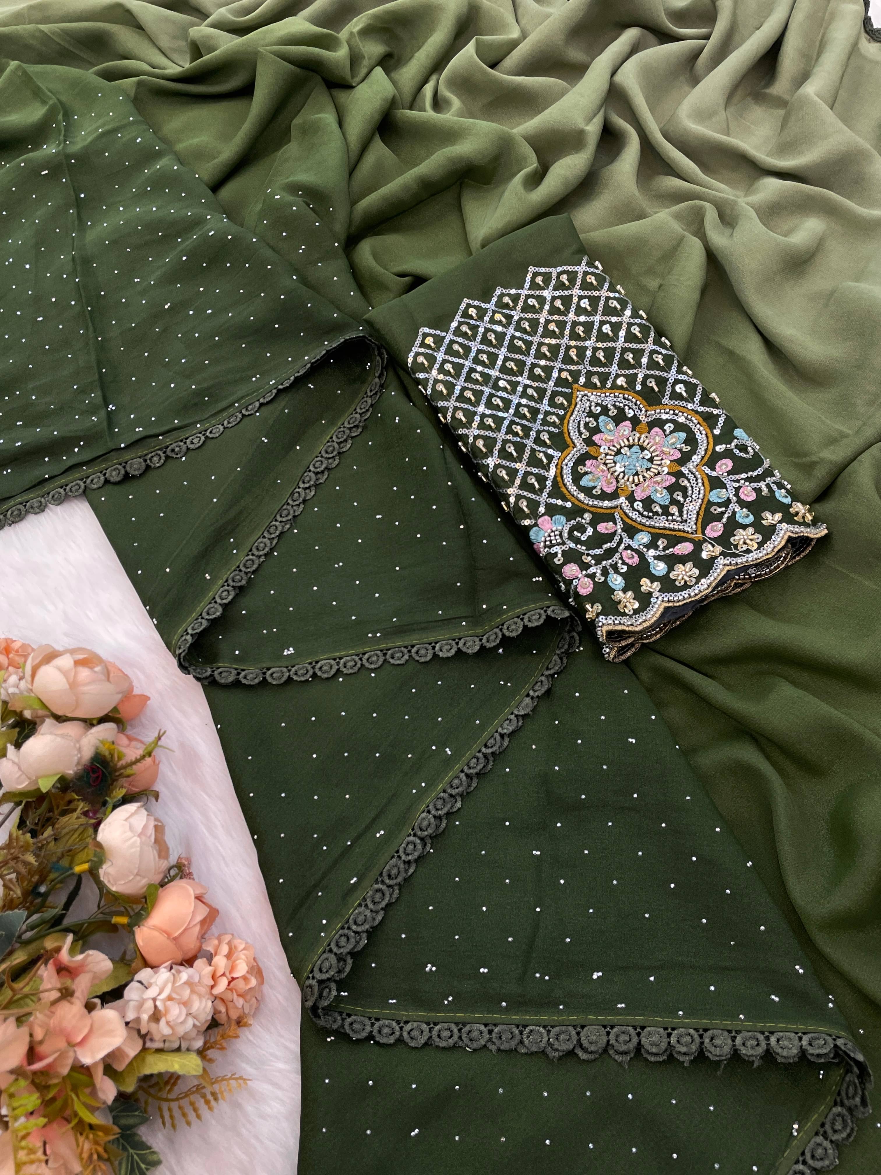     			THE STYLE CLUB Georgette Embroidered Regular Saree With Unstitched Blouse Piece ( Green )
