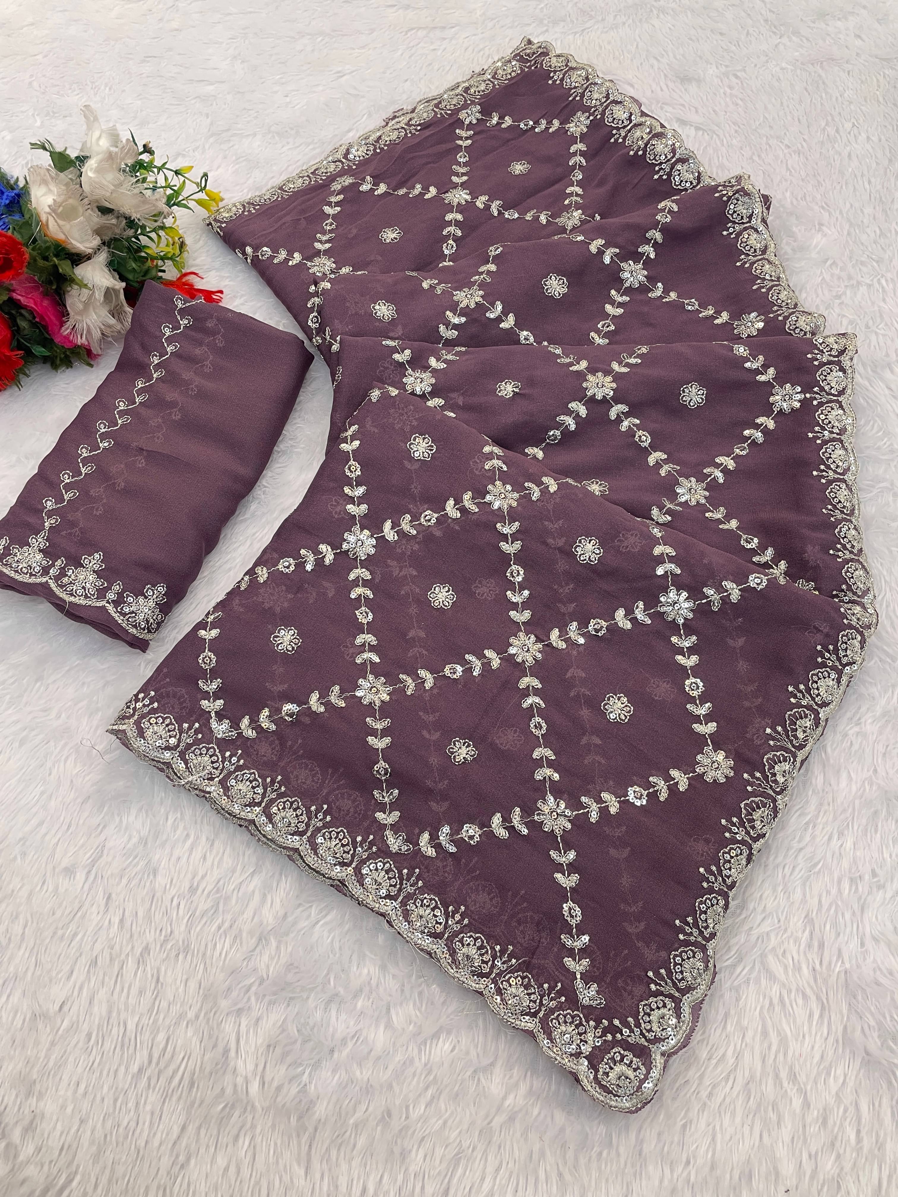 THE STYLE CLUB Georgette Embroidered Regular Saree With Unstitched Blouse Piece ( Lavender ) THE STYLE CLUB Georgette Embroidered Regular Saree With Unstitched Blouse Piece ( Lavender )