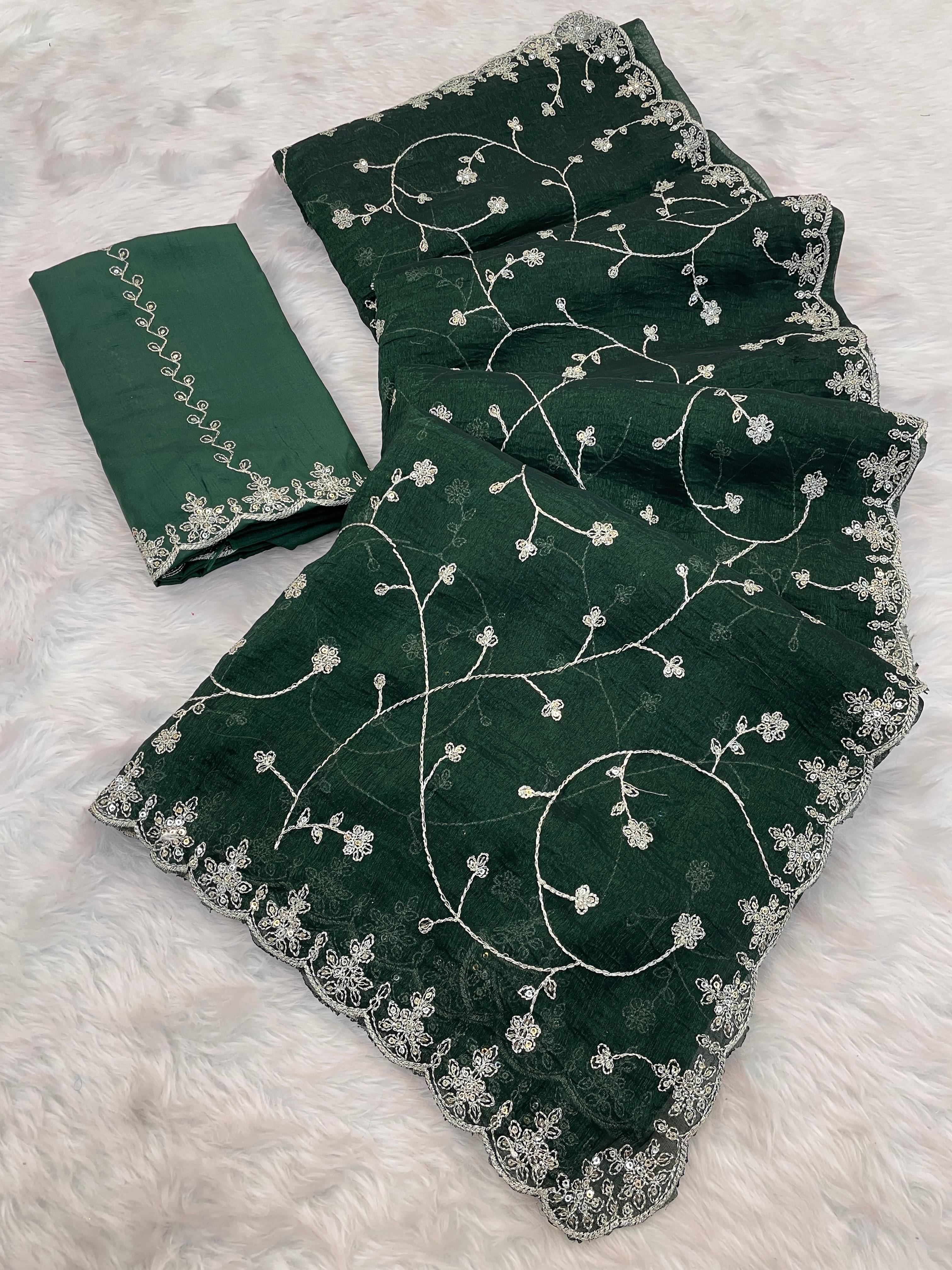     			THE STYLE CLUB Jimmy Choo Embroidered Regular Saree With Unstitched Blouse Piece ( Green )