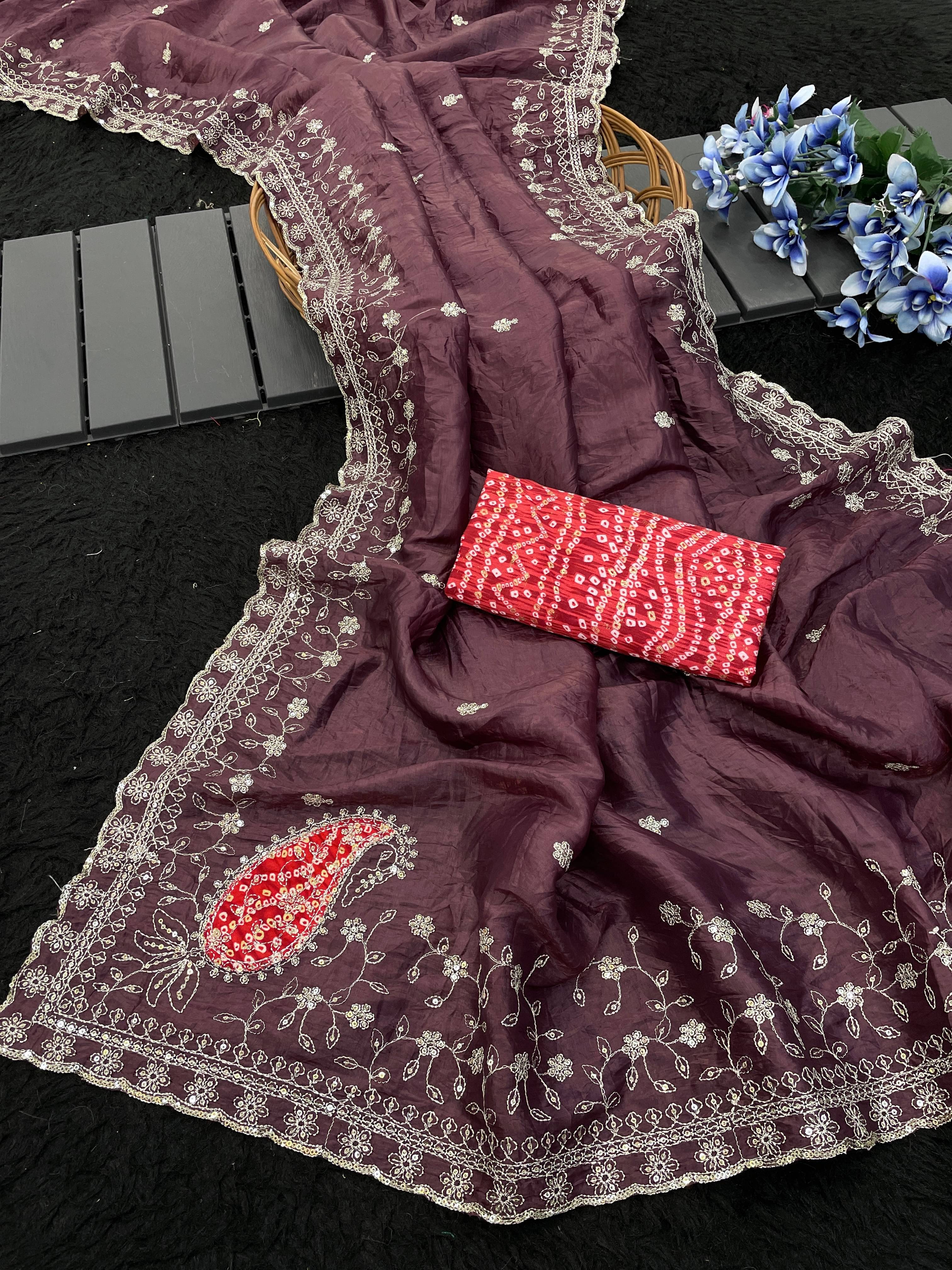     			THE STYLE CLUB Jimmy Choo Embroidered Regular Saree With Unstitched Blouse Piece ( Wine )