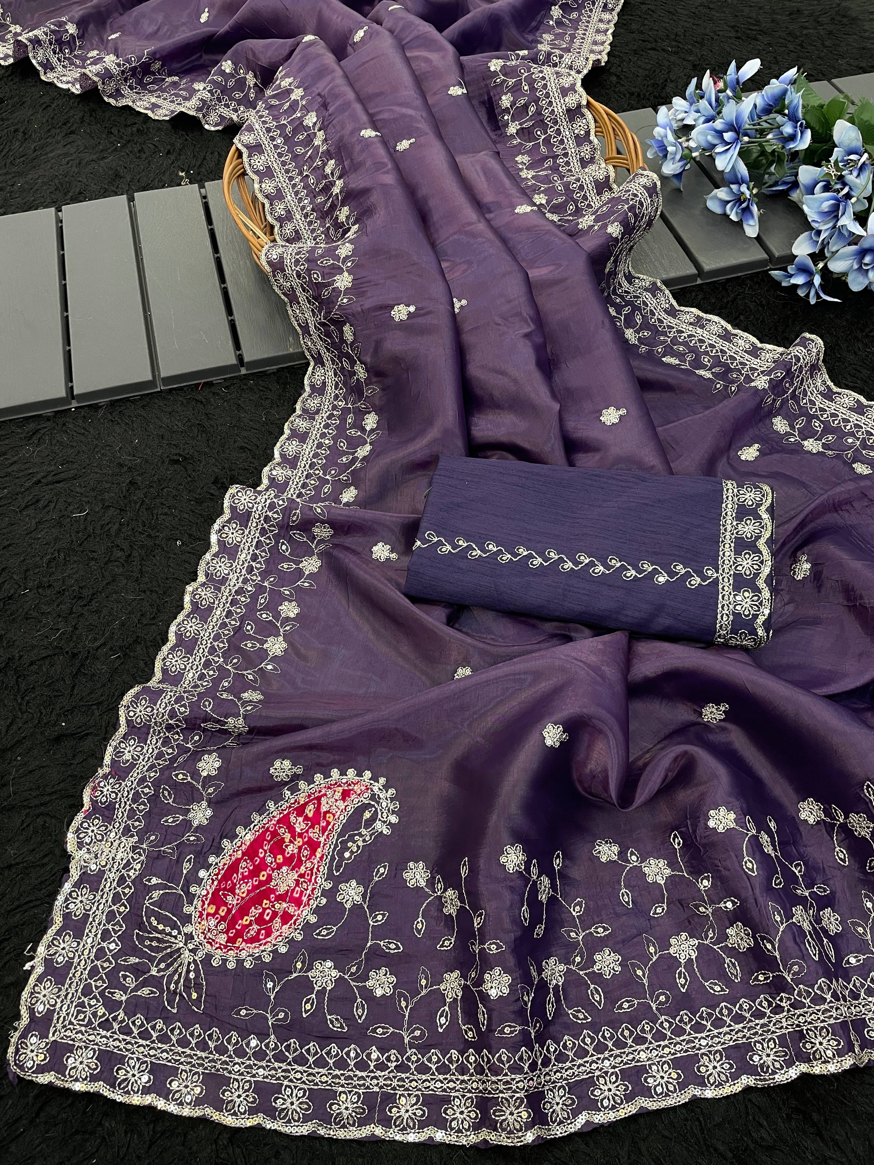     			THE STYLE CLUB Jimmy Choo Embroidered Regular Saree With Unstitched Blouse Piece ( Purple )