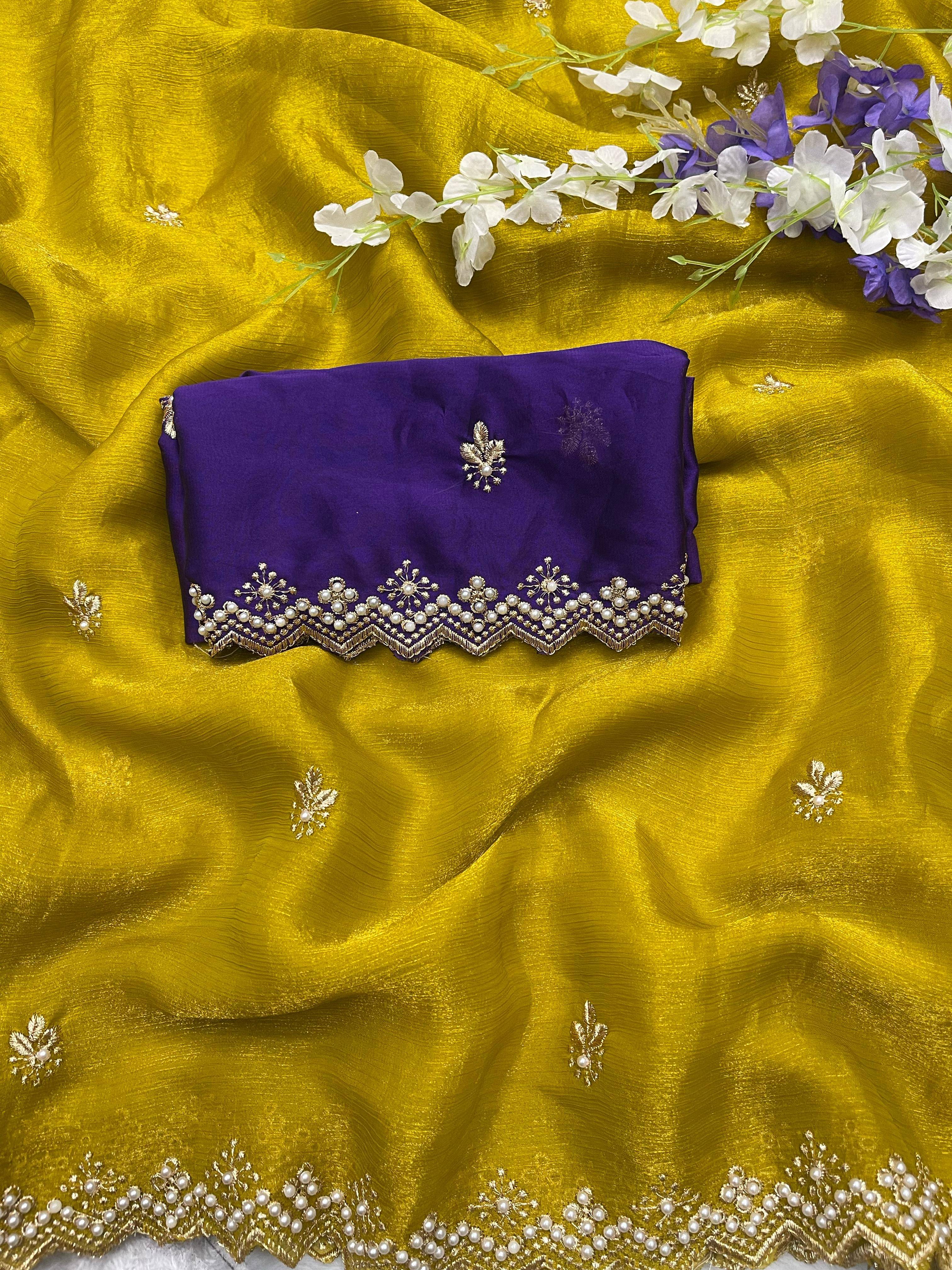    			THE STYLE CLUB Jimmy Choo Embroidered Regular Saree With Unstitched Blouse Piece ( Yellow )