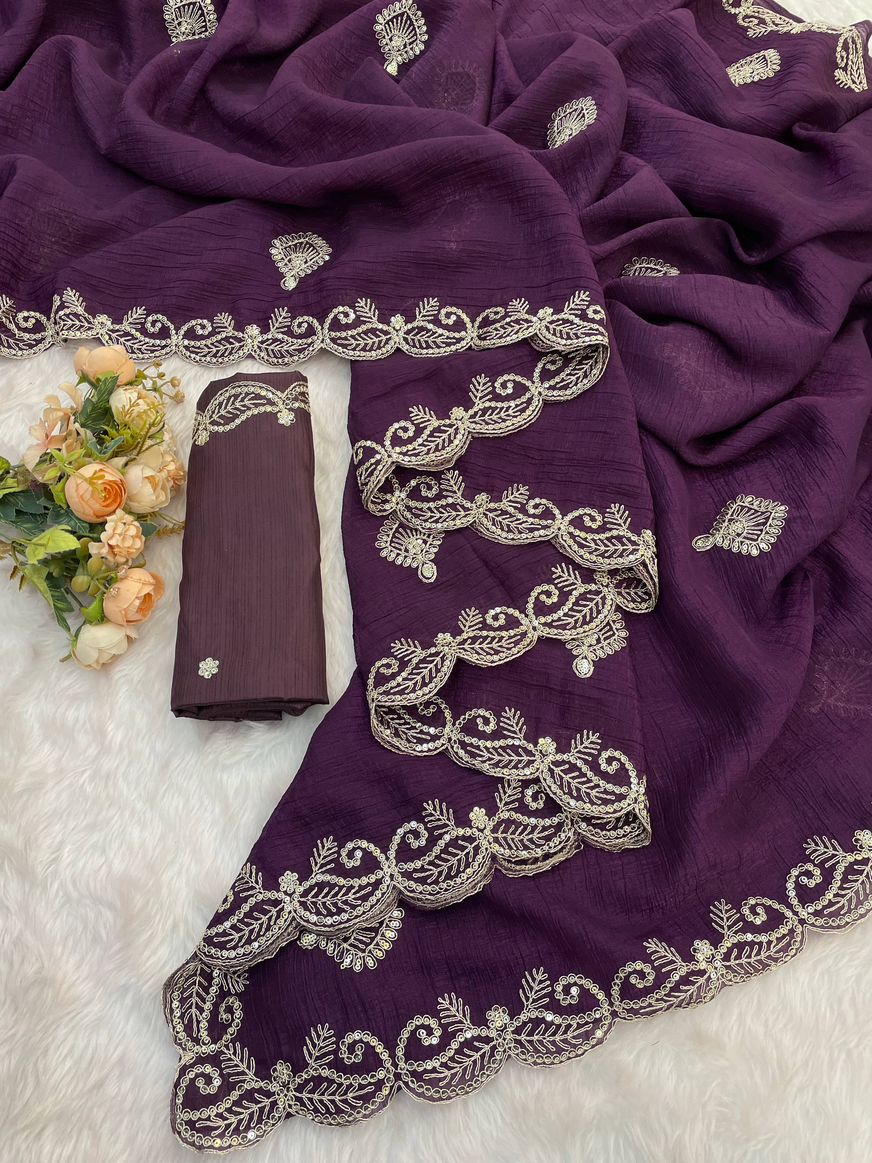     			THE STYLE CLUB Jimmy Choo Embroidered Regular Saree With Unstitched Blouse Piece ( Purple )