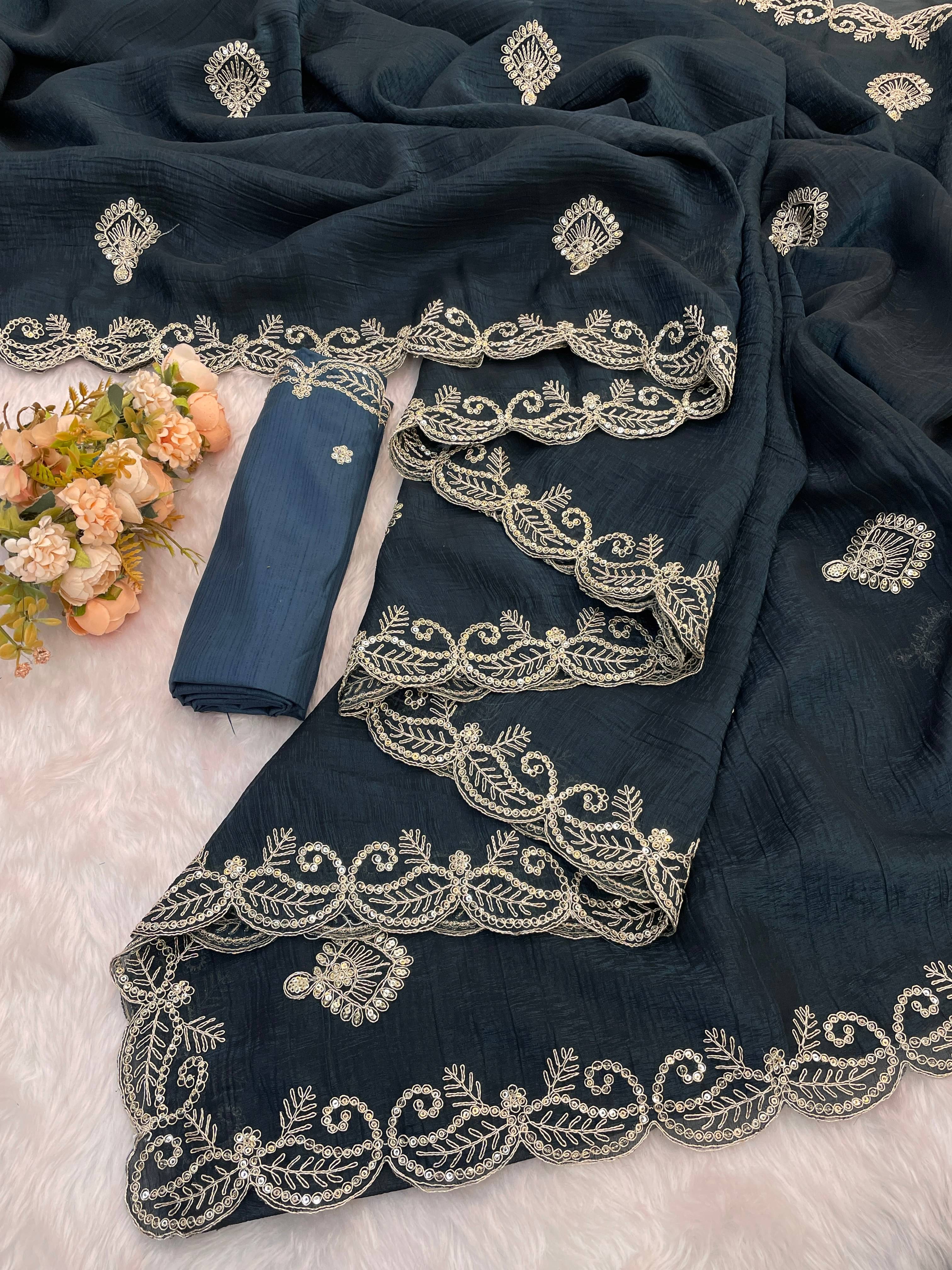 THE STYLE CLUB Jimmy Choo Embroidered Regular Saree With Unstitched Blouse Piece ( Teal ) THE STYLE CLUB Jimmy Choo Embroidered Regular Saree With Unstitched Blouse Piece ( Teal )