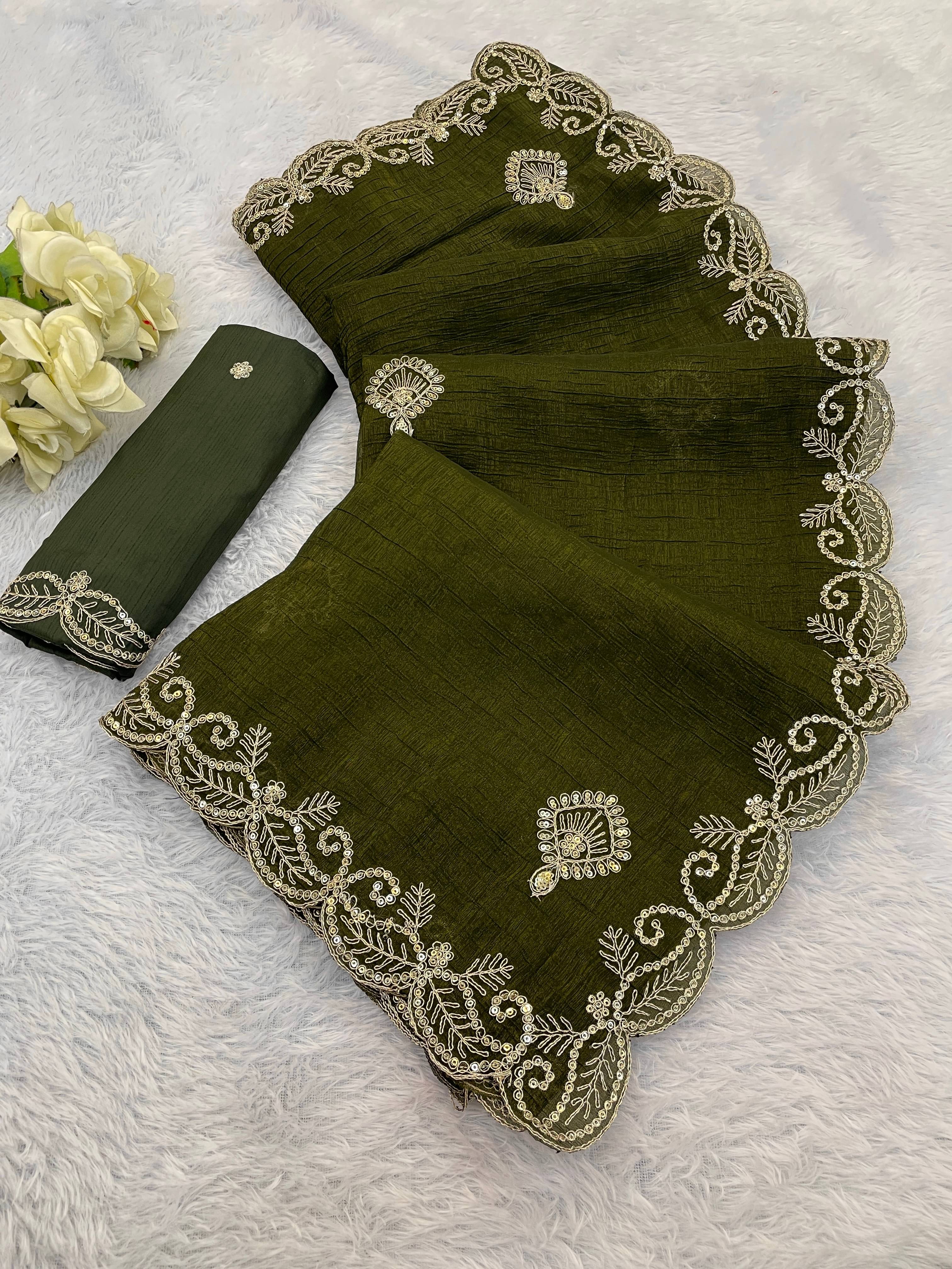     			THE STYLE CLUB Jimmy Choo Embroidered Regular Saree With Unstitched Blouse Piece ( Light Green )