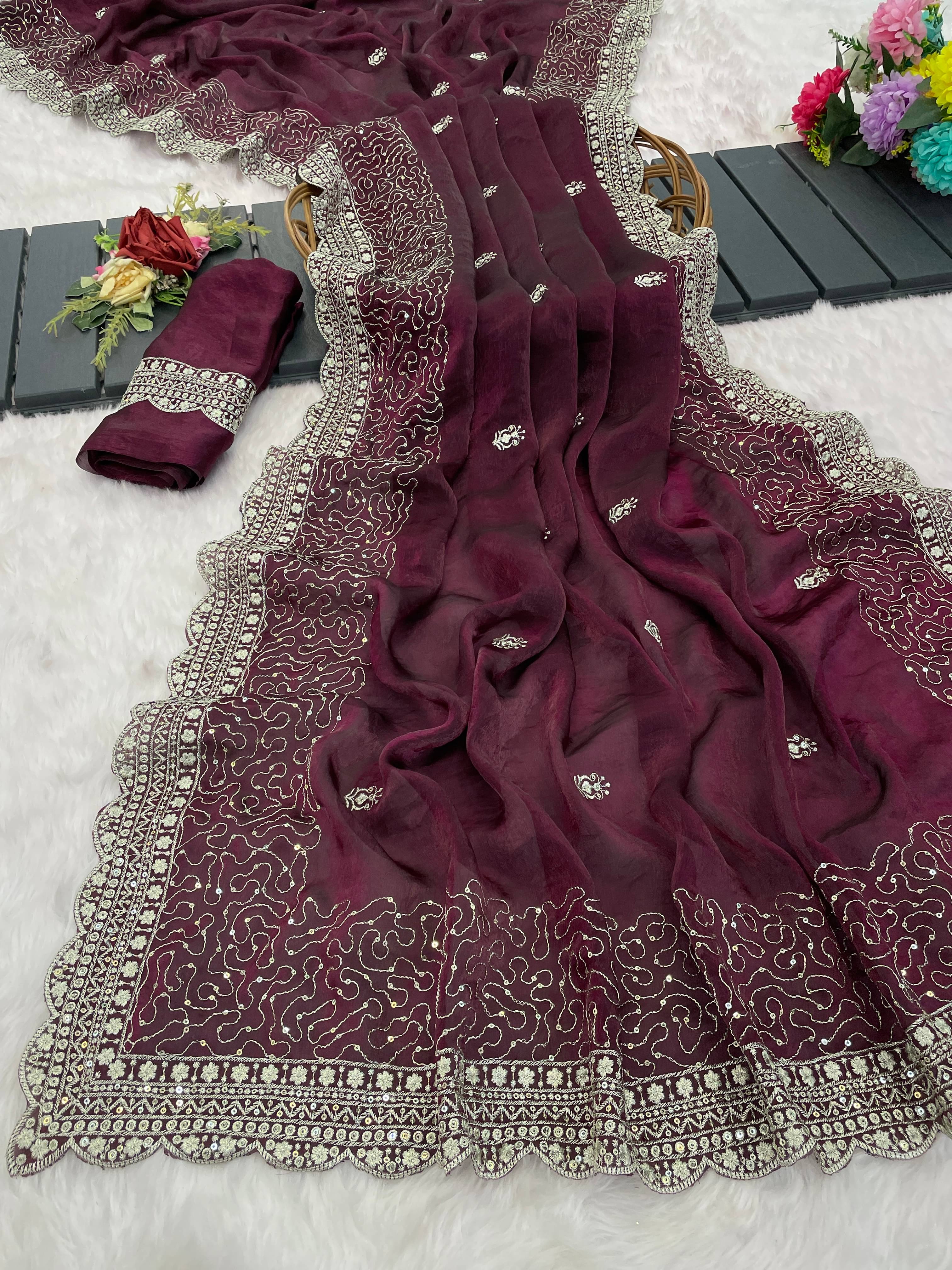     			THE STYLE CLUB Satin Embroidered Regular Saree With Unstitched Blouse Piece ( Lavender )