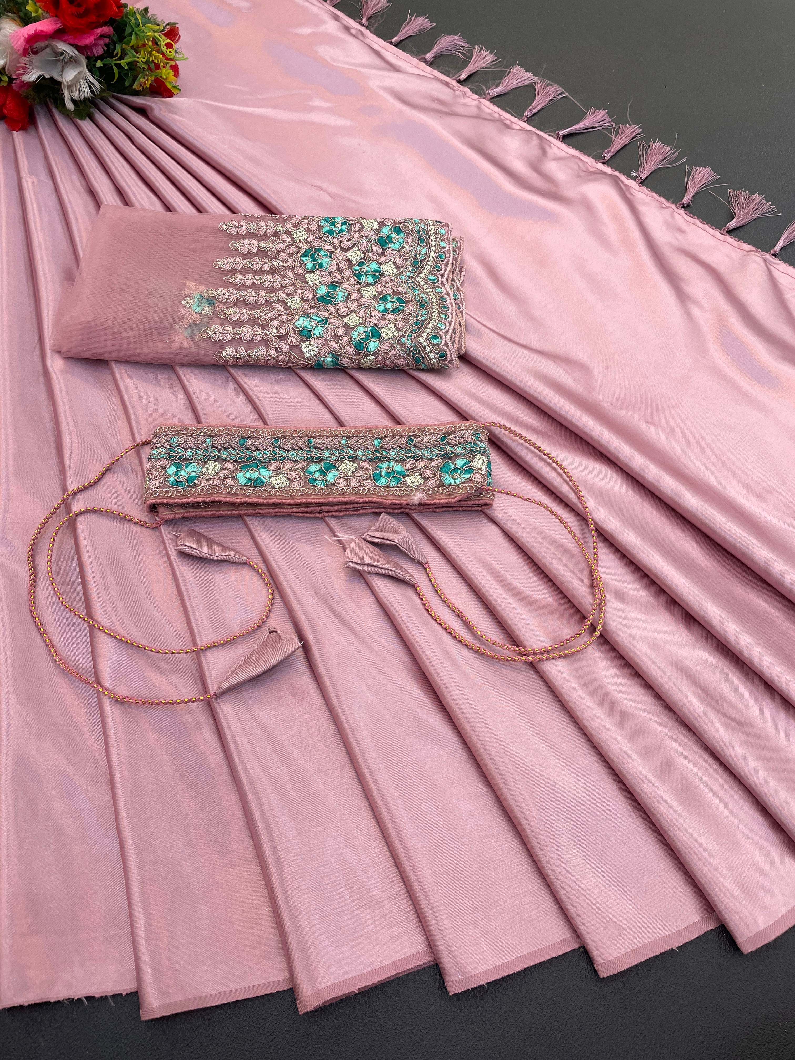 THE STYLE CLUB Satin Embroidered Regular Saree With Unstitched Blouse Piece ( Peach ) THE STYLE CLUB Satin Embroidered Regular Saree With Unstitched Blouse Piece ( Peach )