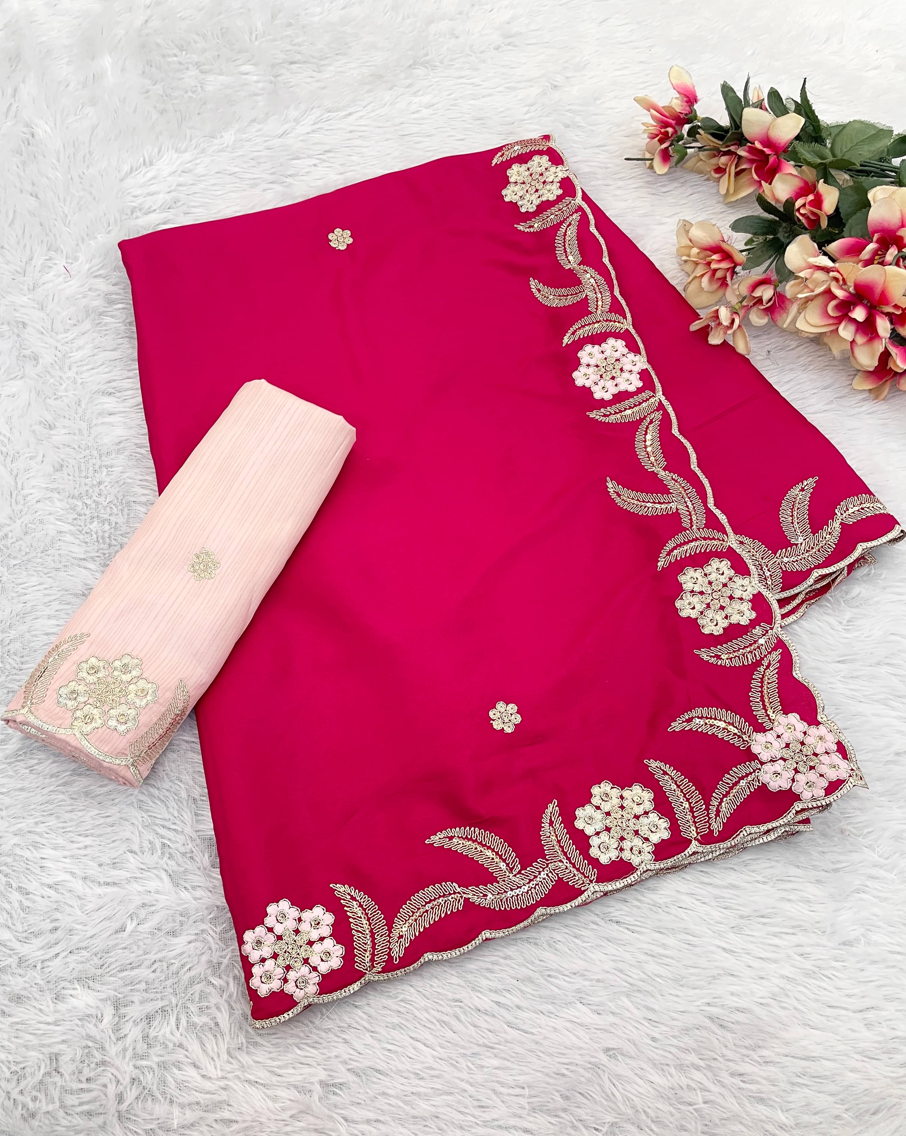THE STYLE CLUB Silk Blend Embroidered Regular Saree With Unstitched Blouse Piece ( Pink ) THE STYLE CLUB Silk Blend Embroidered Regular Saree With Unstitched Blouse Piece ( Pink )