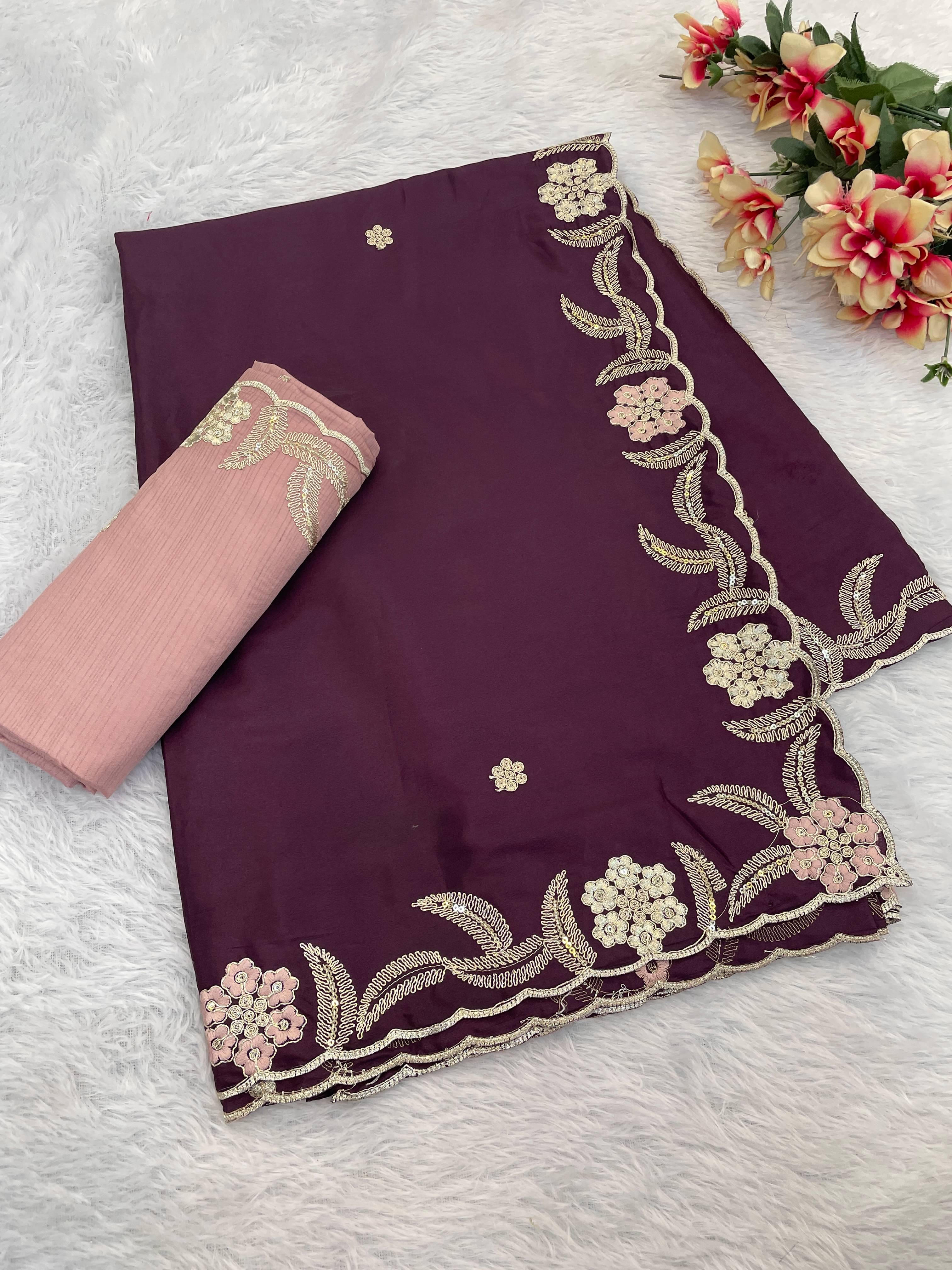 THE STYLE CLUB Silk Blend Embroidered Regular Saree With Unstitched Blouse Piece ( Wine ) THE STYLE CLUB Silk Blend Embroidered Regular Saree With Unstitched Blouse Piece ( Wine )