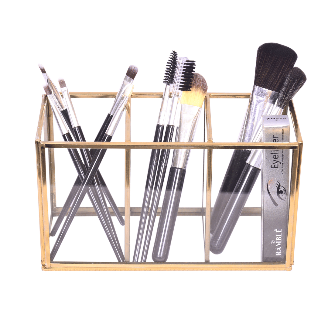     			THE UNIQUE DESIGNS Collection Cosmetics Metal Holder Construction Vintage Handmade Brass Makeup Organizer with Beautiful Gold Color 3 compartment