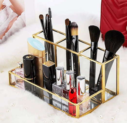     			THE UNIQUE DESIGNS Collection Cosmetics Metal Holder Construction Vintage Handmade Brass Makeup Organizer with Beautiful Gold Color (5 Compartments Large, Gold)