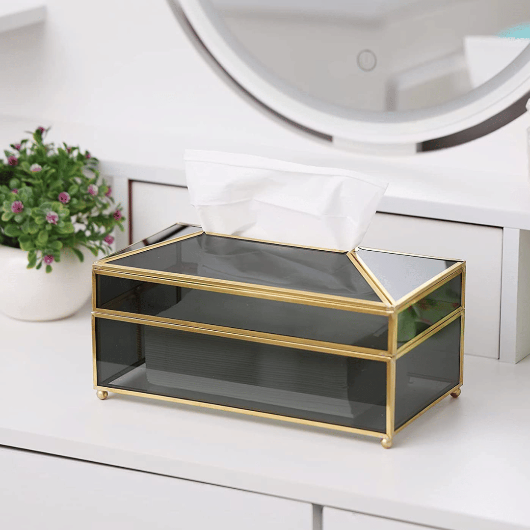     			THE UNIQUE DESIGNS Decorative Tissue Box Holder, Rectangular Stylish Glass Napkin Storage Box Pumping Paper Dispenser Facial Tissue Holder for Dresser Bathroom Bedroom Office Car Restaurant (Black Glass, Glass)
