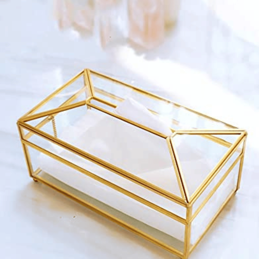     			THE UNIQUE DESIGNS Rectangular Clear Glass Paper Tissue Box, Decorative Glass Napkin Storage Box, Facial Tissue Holder for Dresser, Bathroom, Bedroom, Home Decor, Office, Restaurant (Large, Golden)