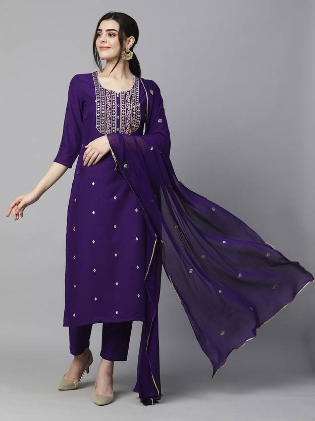 TRIONZA Women Rayon Embroidered A-line Kurti With Pants ( Purple ) TRIONZA Women Rayon Embroidered A-line Kurti With Pants ( Purple )
