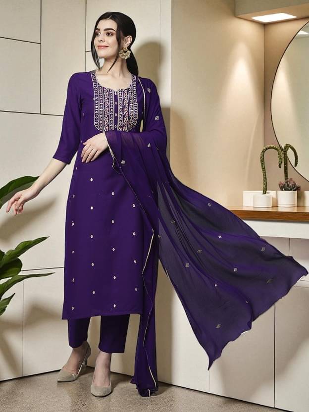 TRIONZA Women Rayon Embroidered A-line Kurti With Pants ( Purple ) TRIONZA Women Rayon Embroidered A-line Kurti With Pants ( Purple )