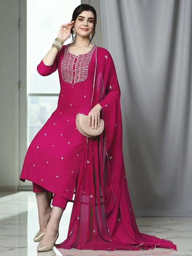 TRIONZA Women Rayon Embroidered A-line Kurti With Pants ( Pink ) TRIONZA Women Rayon Embroidered A-line Kurti With Pants ( Pink )