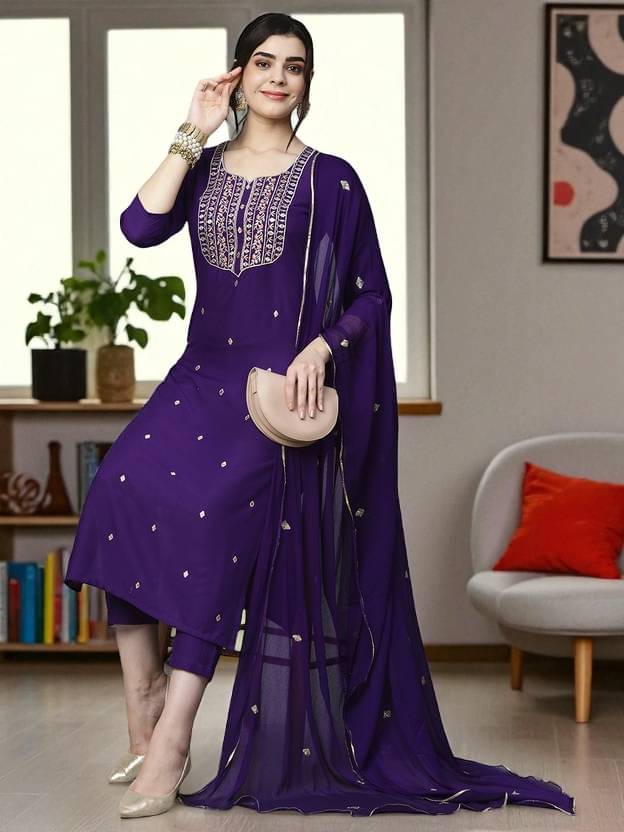     			TRIONZA Women Rayon Embroidered A-line Kurti With Pants ( Purple )