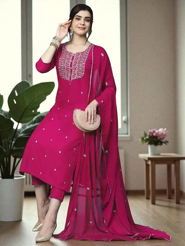 TRIONZA Women Rayon Embroidered A-line Kurti With Pants ( Pink ) TRIONZA Women Rayon Embroidered A-line Kurti With Pants ( Pink )