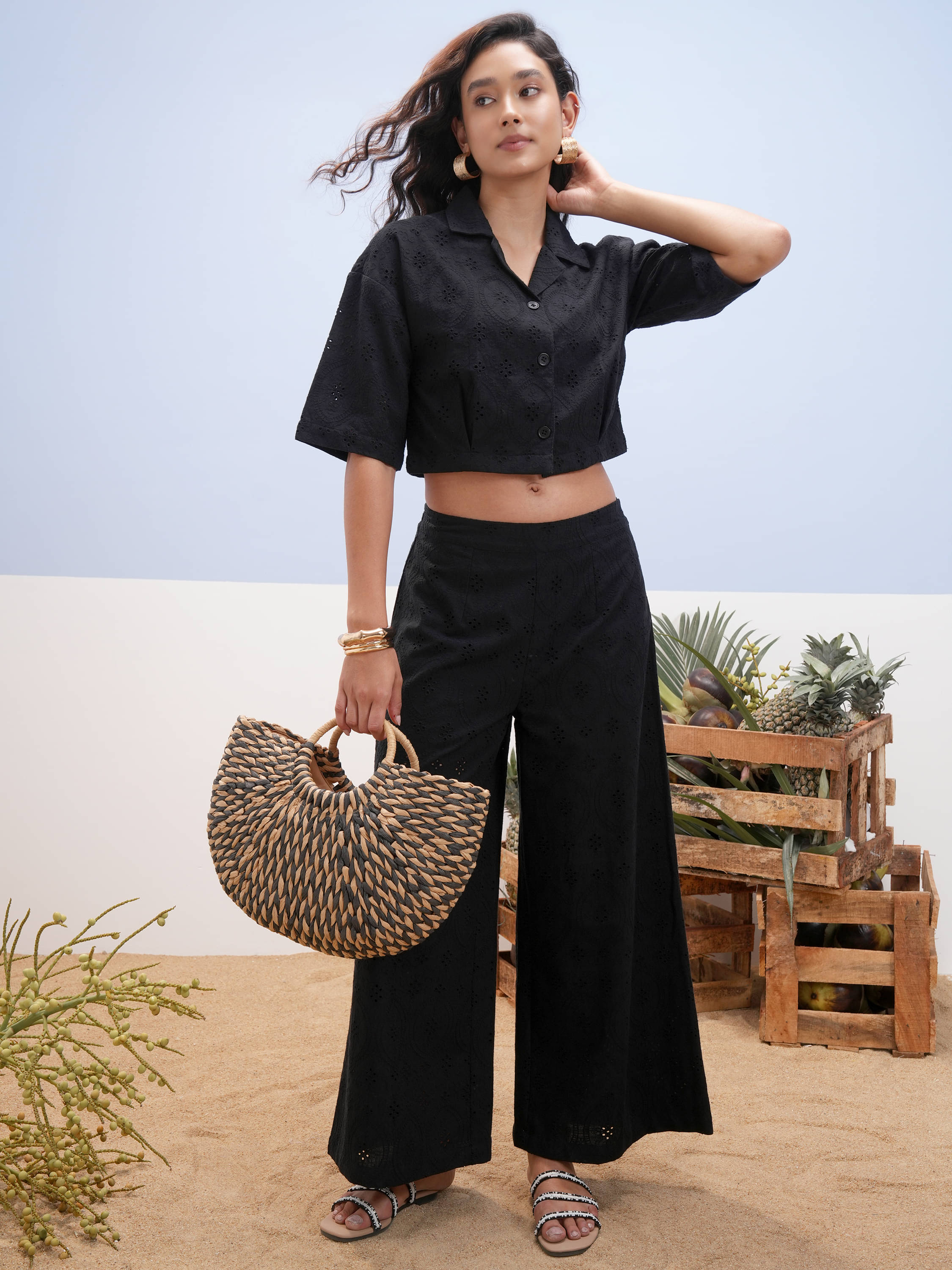     			Vishudh Women Self Design Shirt With Palazzos Co-Ord Set ( Black )